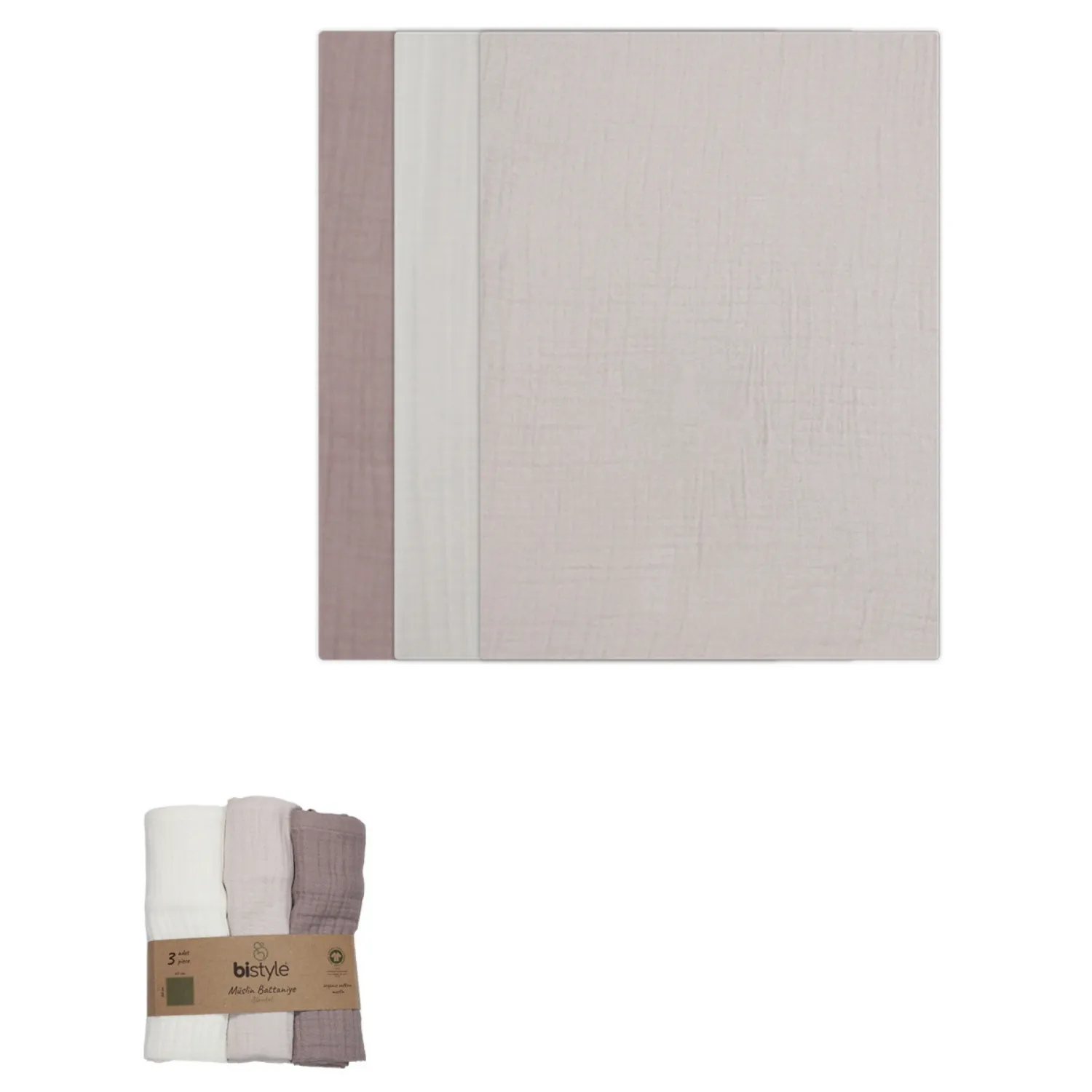 Bistyle Organik Müslin Battaniye 3lü 60x60cm Taş - Ekru - Antrasit