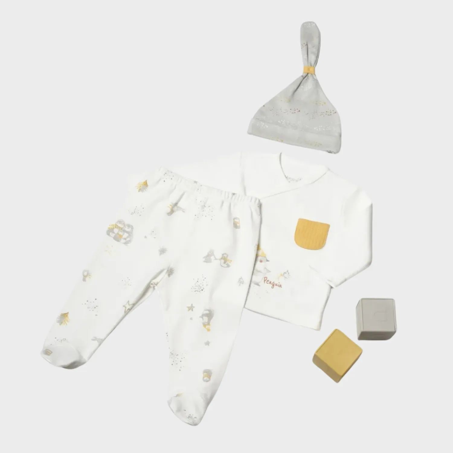 Bibaby Organik Zıbın Takımı 3lü Penguin Club Ekru - Gri