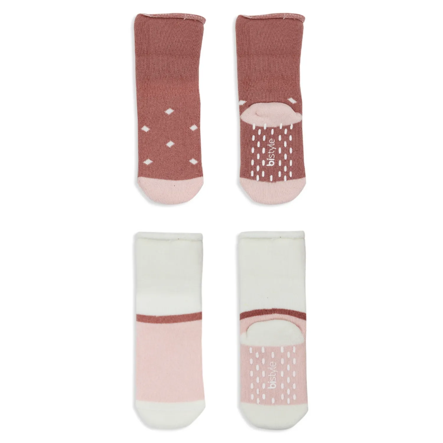 Bibaby Organik Çorap Soket Havlu 2li Kaymaz Kıvrık Bistyle Puanlu Desenli Pudra - Pembe