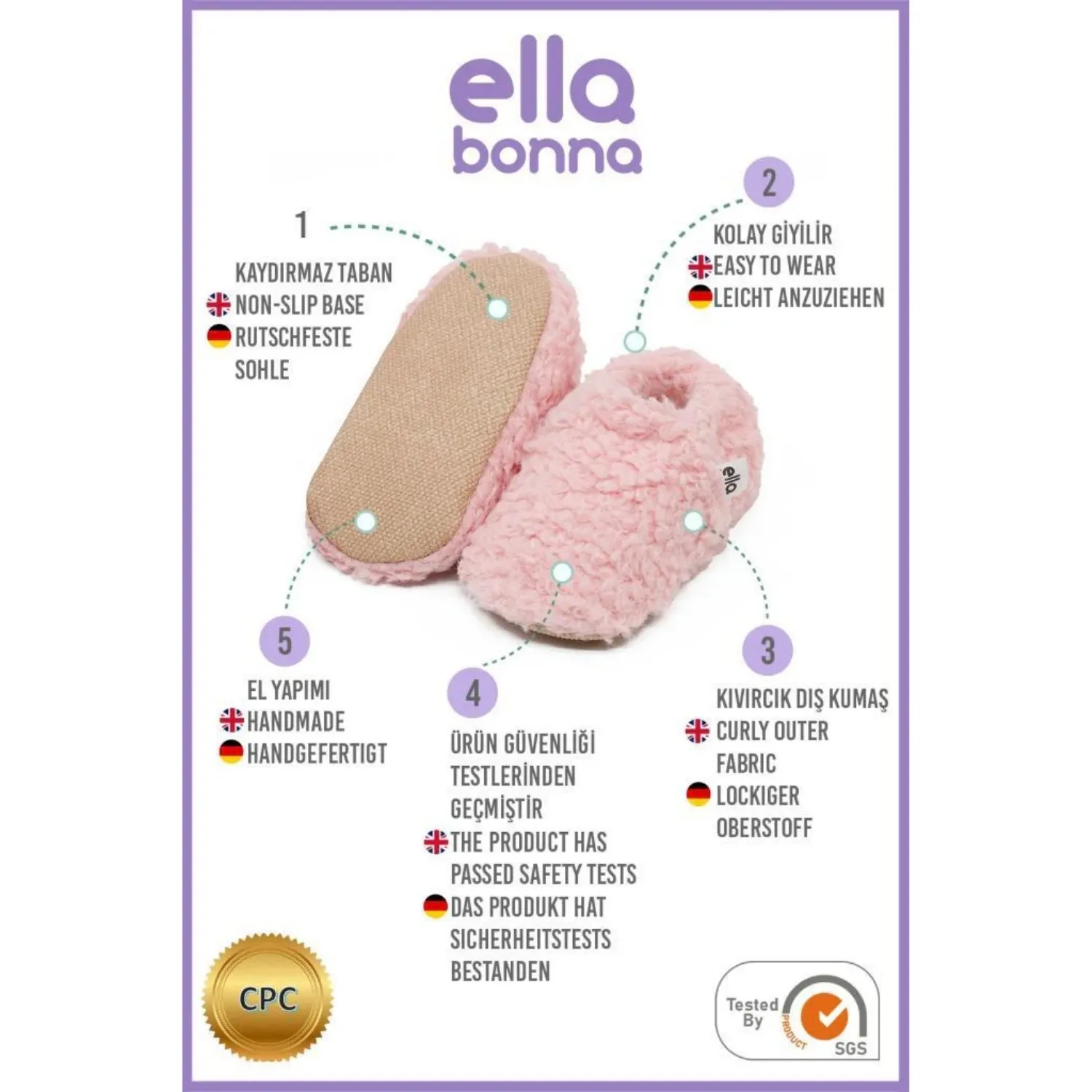 Ella Bonna Patik Organik Pamuk Kaydırmaz Taban Pembe