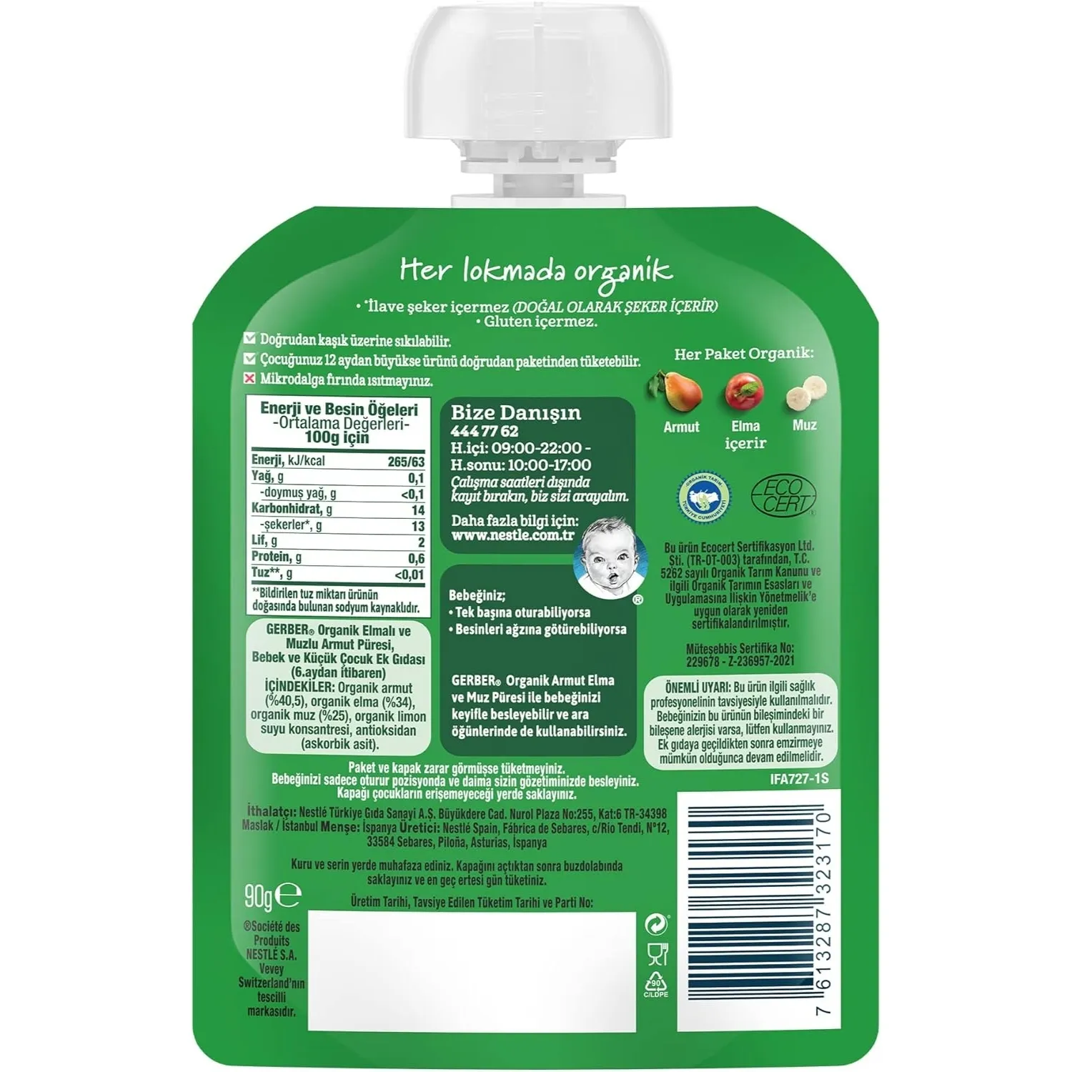 Gerber Organik Armutlu Elmalı Muzlu Meyve Püresi 90 gr*7