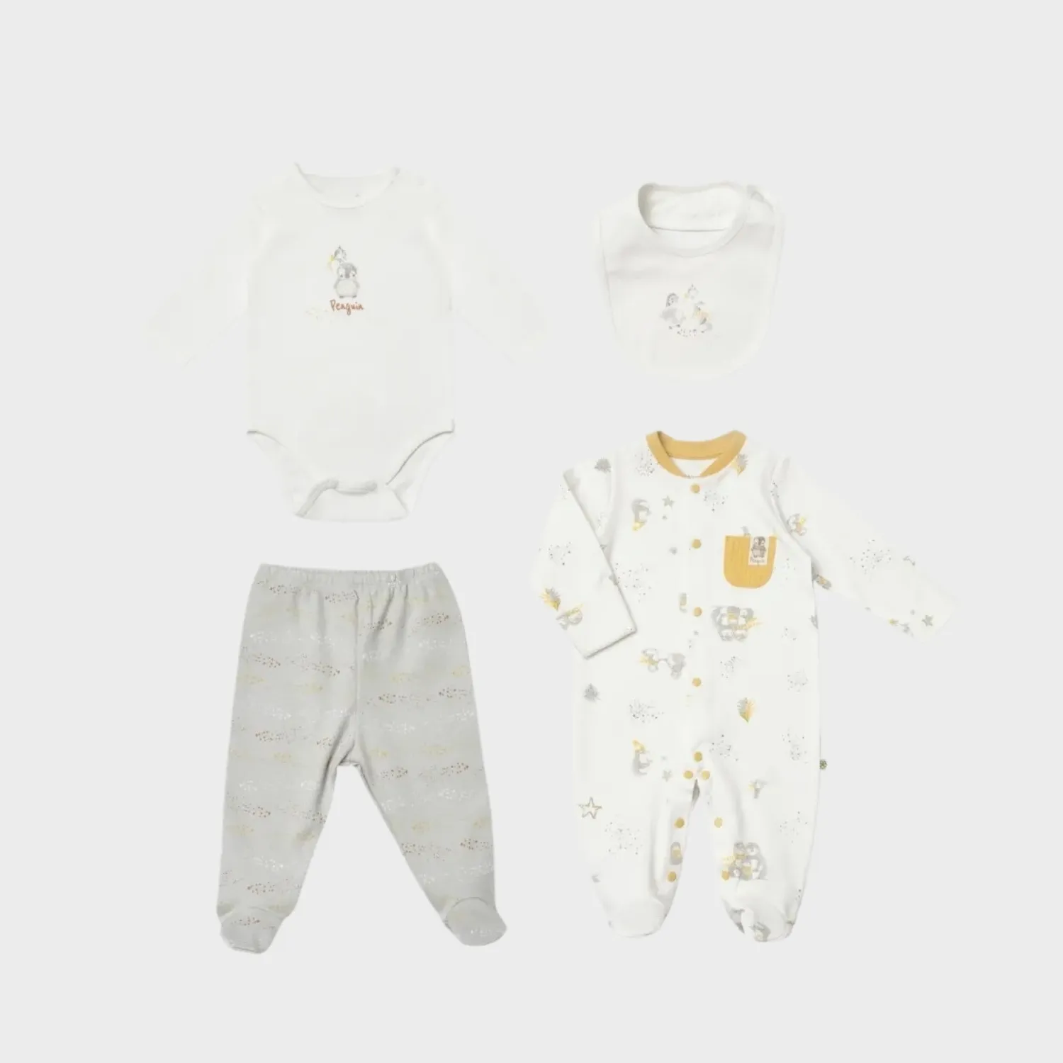 Bibaby Organik Hastane Çıkışı 4lü Tulumlu Penguin Club Ekru - Gri