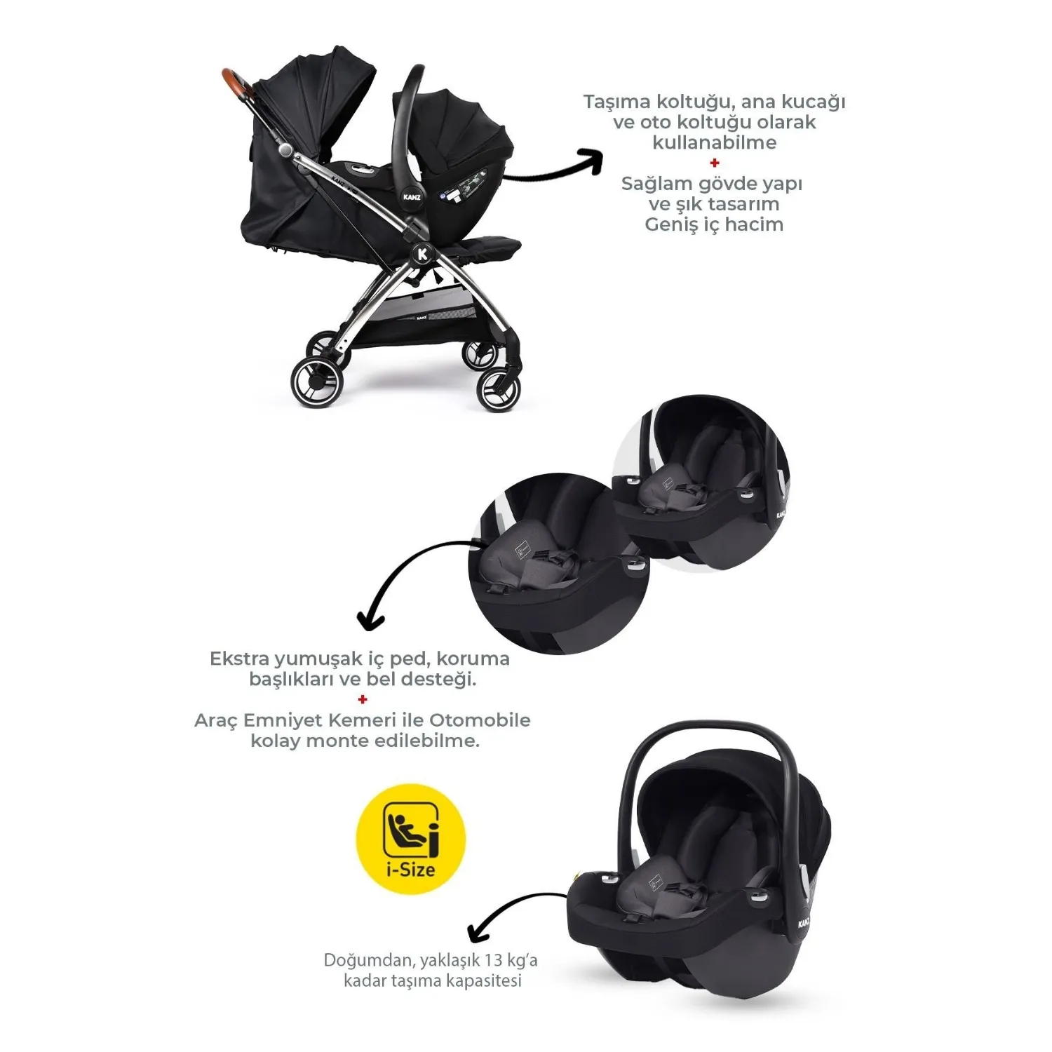 Kanz XFlip Travel Sistem Bebek Arabası Deeply Black