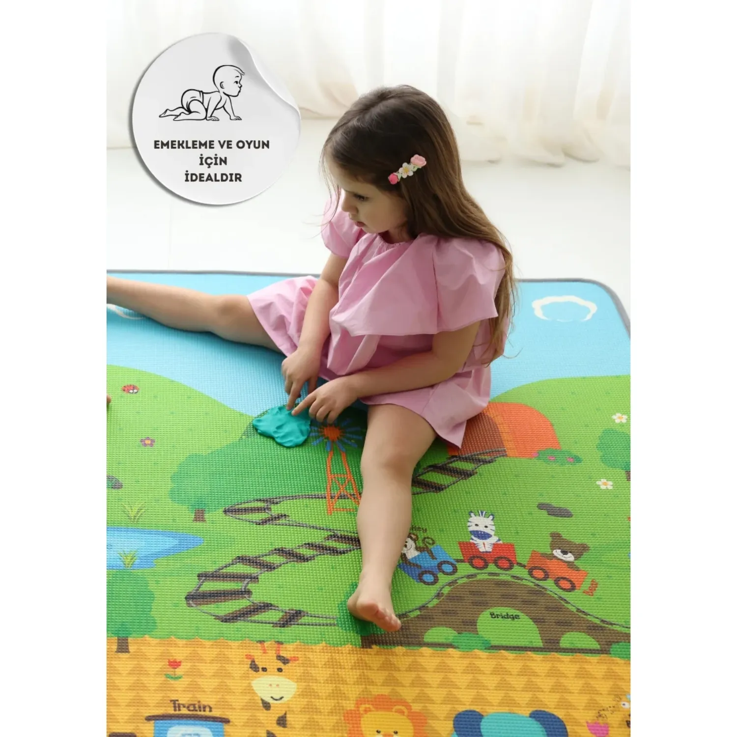 Araba Yarışı-Lokomotif Çift Taraflı Oyun Halısı 140x100x1