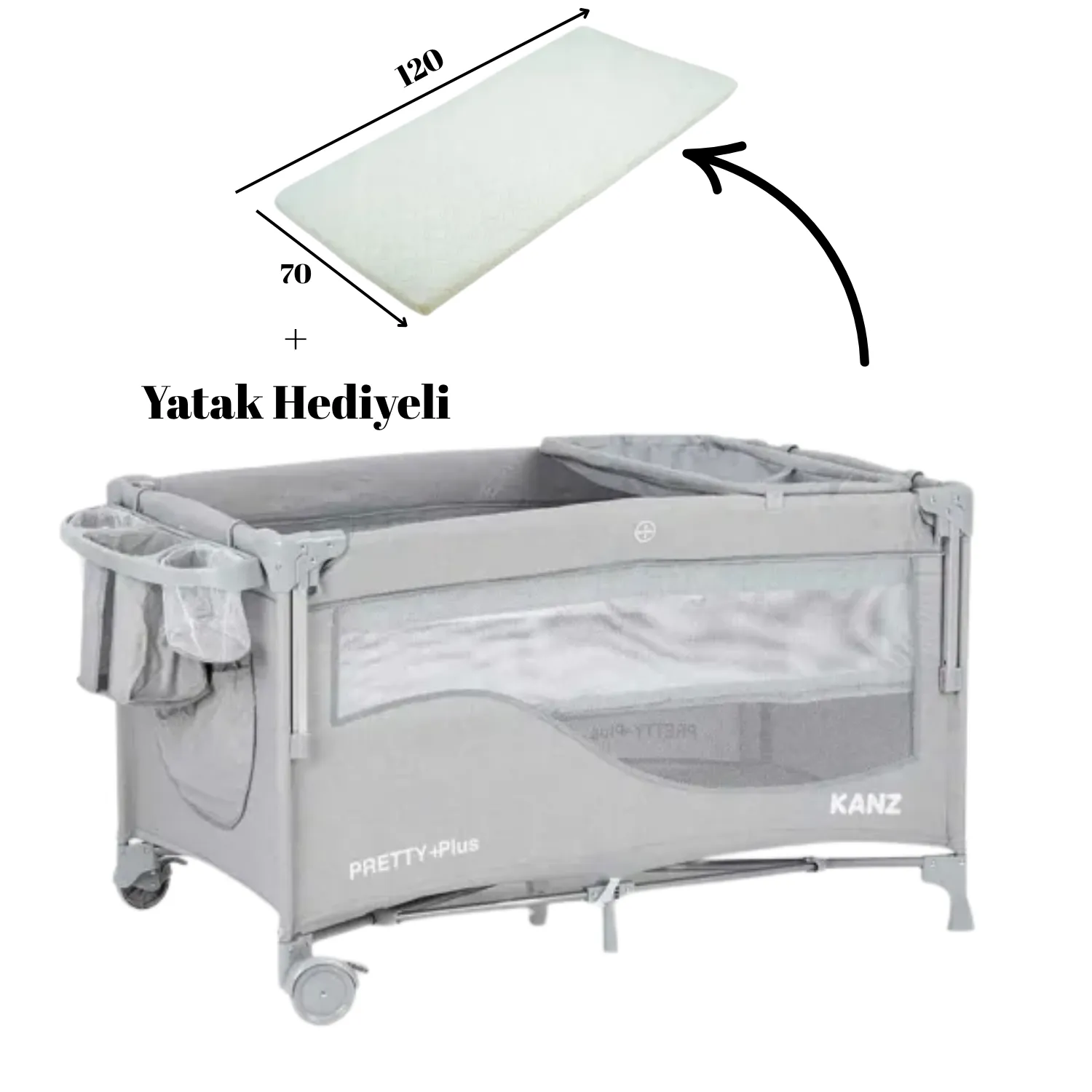 Kanz Pretty Plus Yatak Hediyeli Anne Yanı Oyun Parkı 70x120 cm Gri
