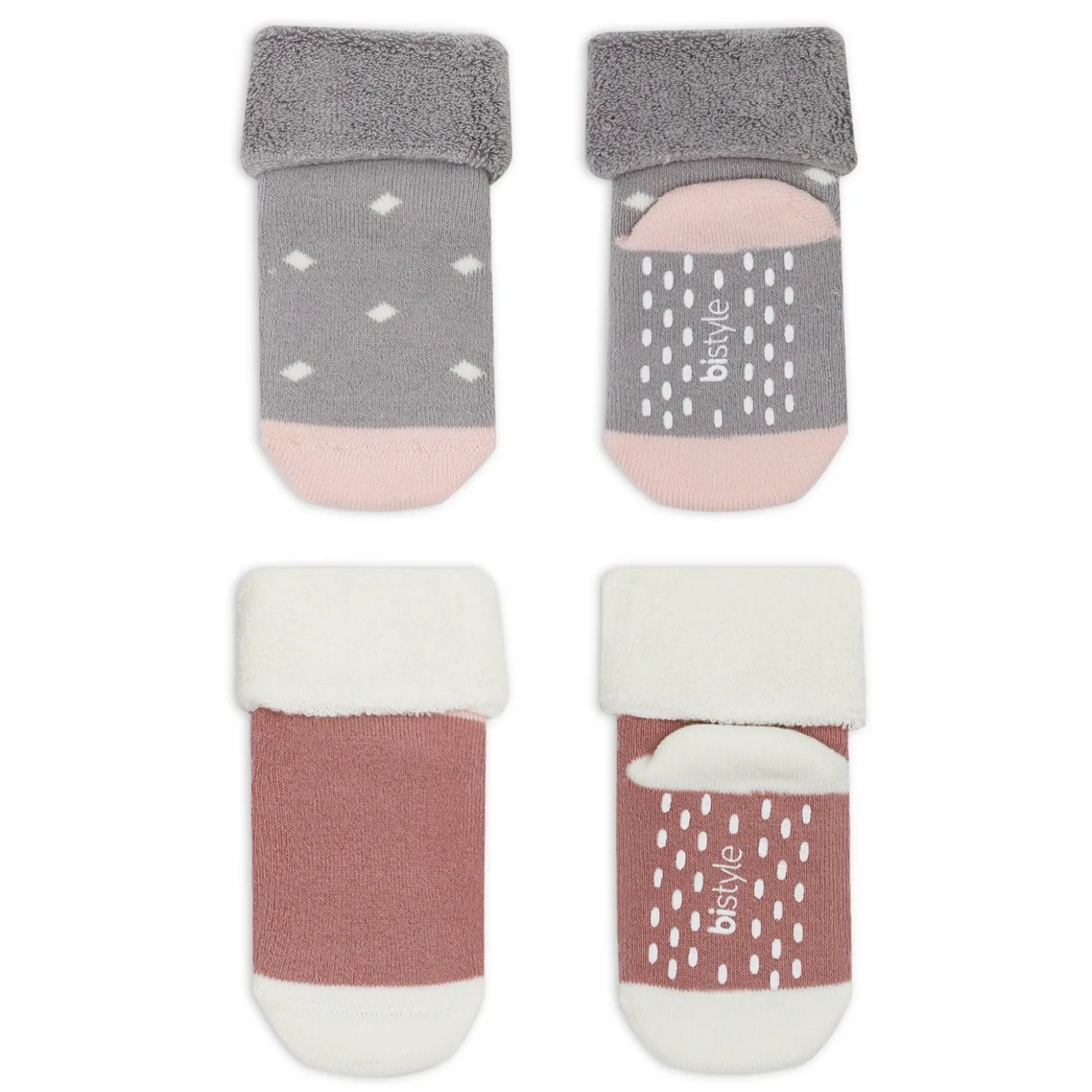 Bibaby Organik Çorap Soket Havlu 2li Kaymaz Kıvrık Bistyle Puanlu Desenli Gri - Pudra
