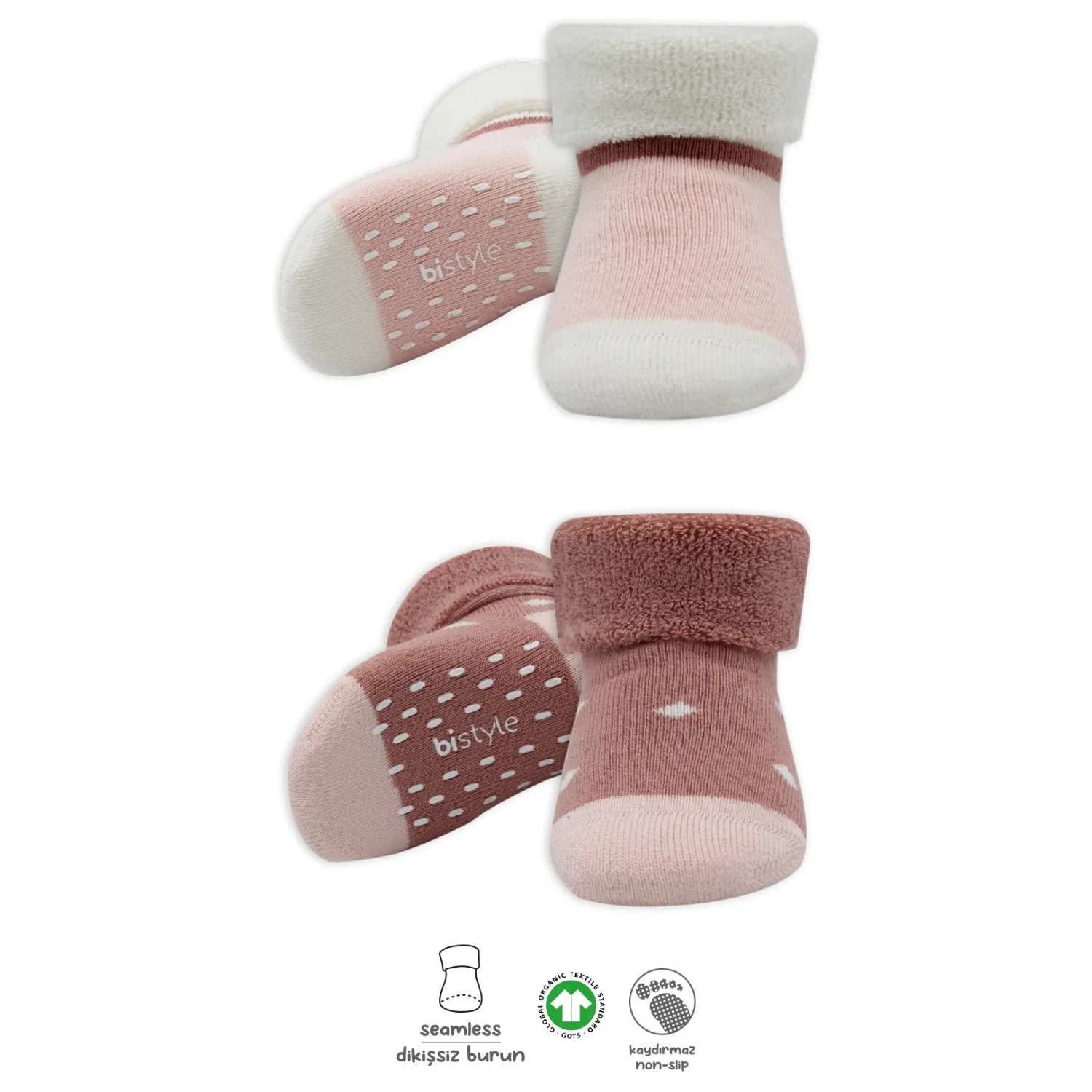 Bibaby Organik Çorap Soket Havlu 2li Kaymaz Kıvrık Bistyle Puanlu Desenli Pudra - Pembe