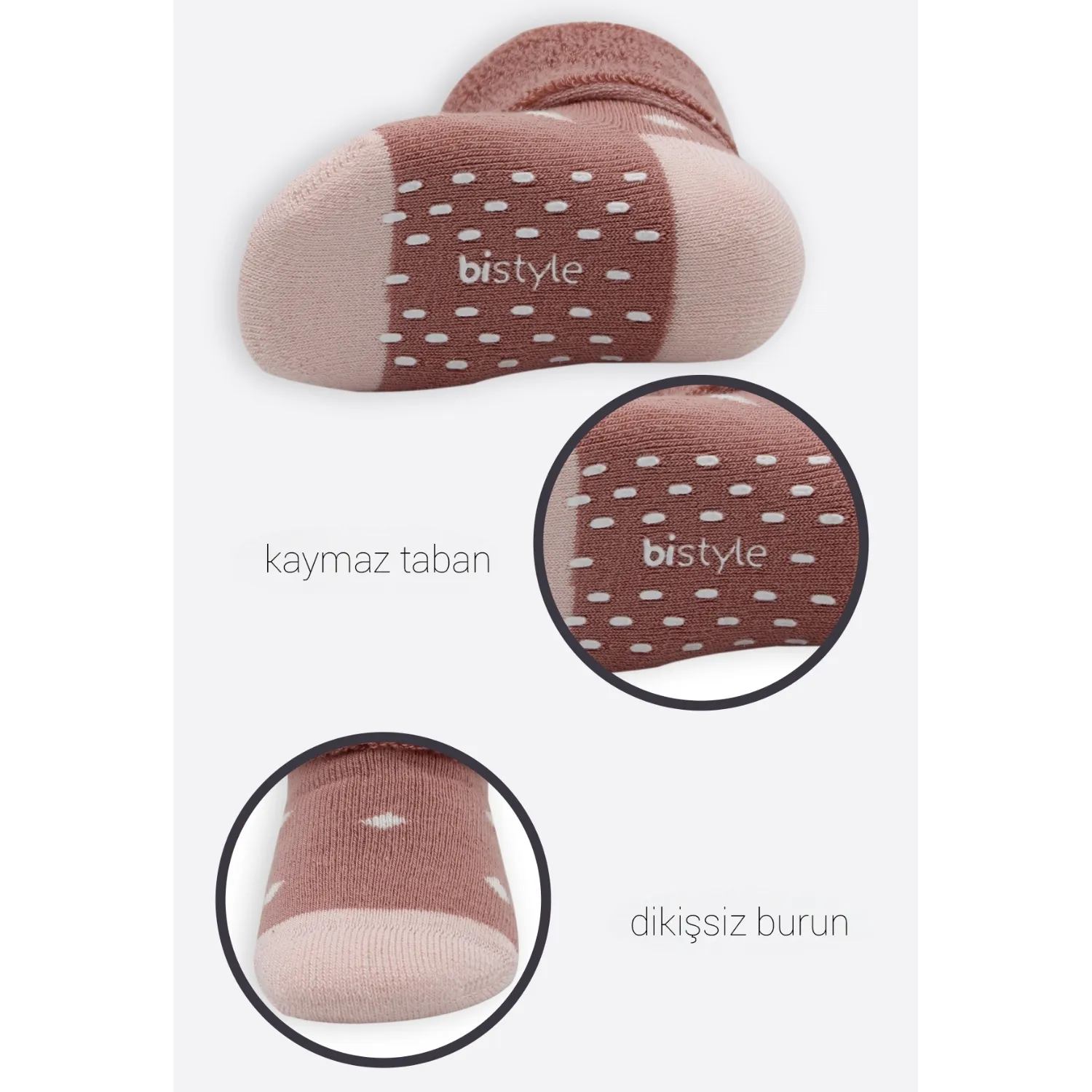 Bibaby Organik Çorap Soket Havlu 2li Kaymaz Kıvrık Bistyle Puanlu Desenli Pudra - Pembe
