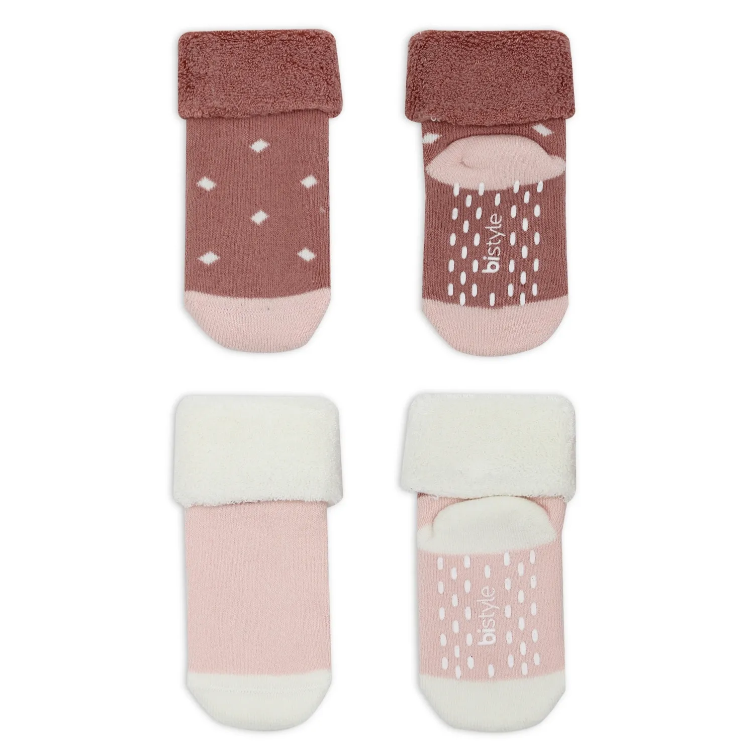 Bibaby Organik Çorap Soket Havlu 2li Kaymaz Kıvrık Bistyle Puanlu Desenli Pudra - Pembe