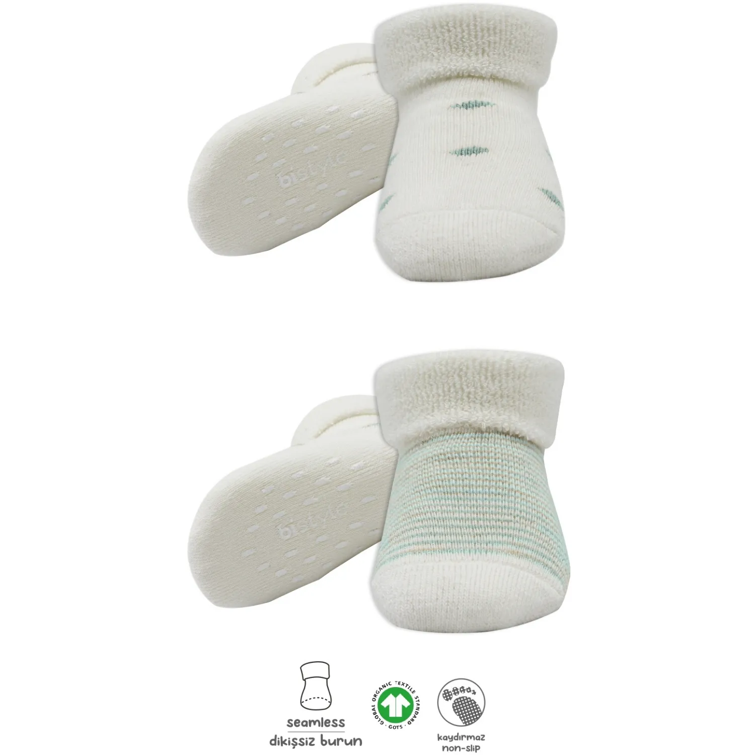 Bibaby Organik Çorap Soket Havlu 2li Kaymaz Çemberli Kıvrık Puanlı Bistyle Bej - Ekru