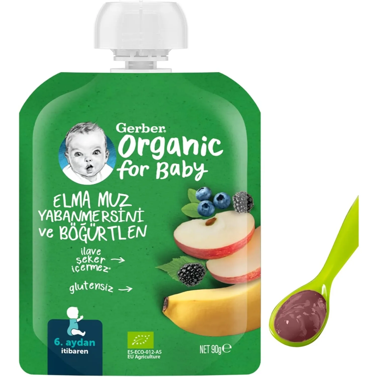Gerber Organik Elmalı Muzlu Yabanmersinli Böğürtlenli Meyve Püresi 90 gr*2