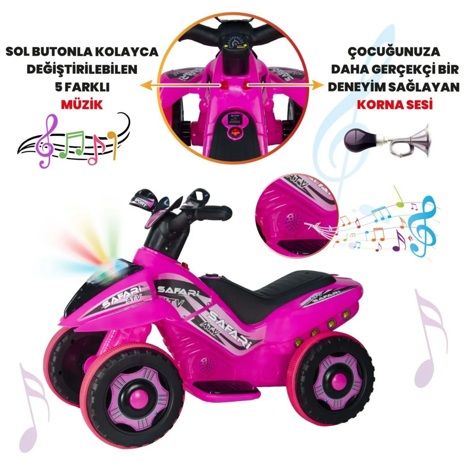 Akülü Atv Müzikli ve Led Işıklı 6V Safari Pembe