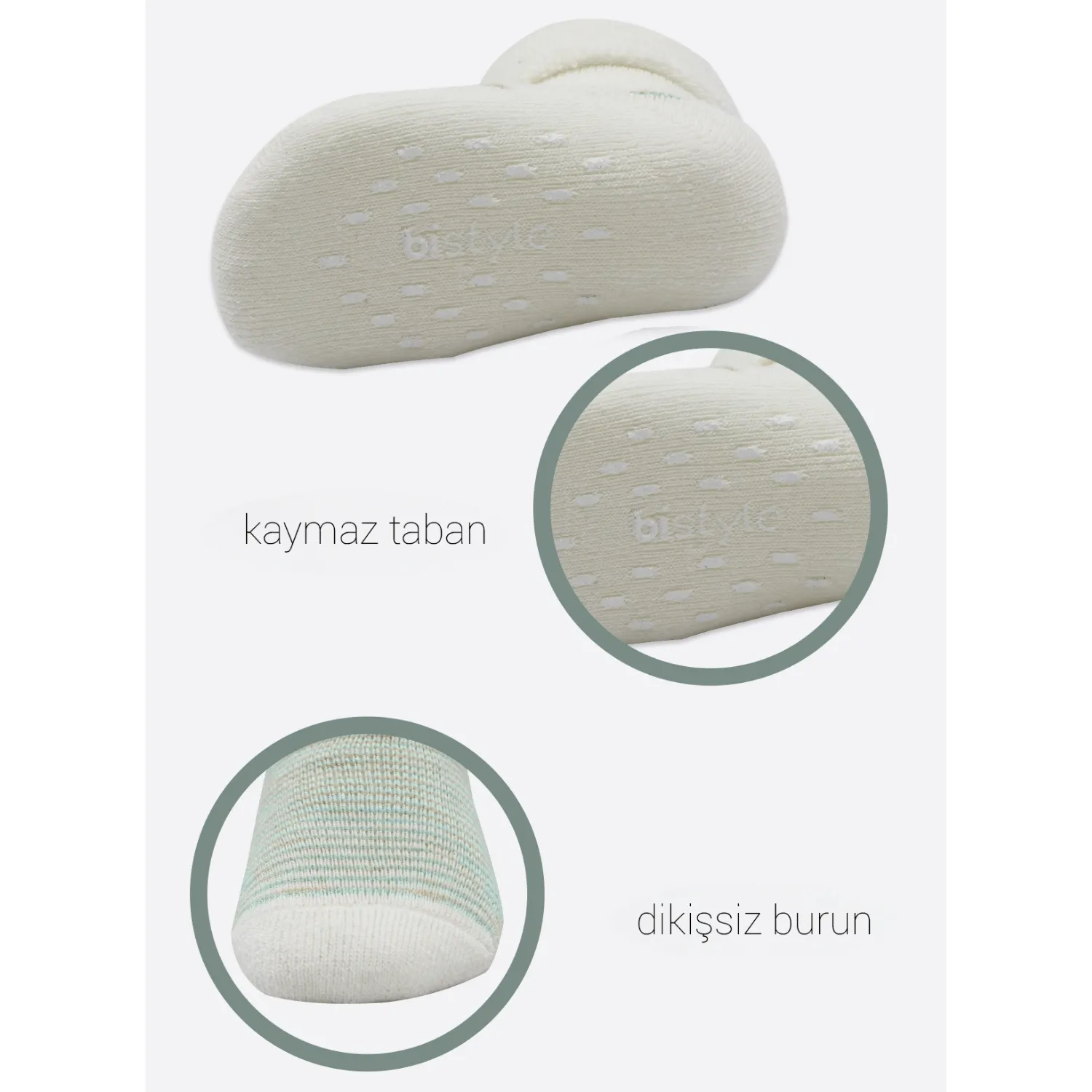 Bibaby Organik Çorap Soket Havlu 2li Kaymaz Çemberli Kıvrık Puanlı Bistyle Bej - Ekru