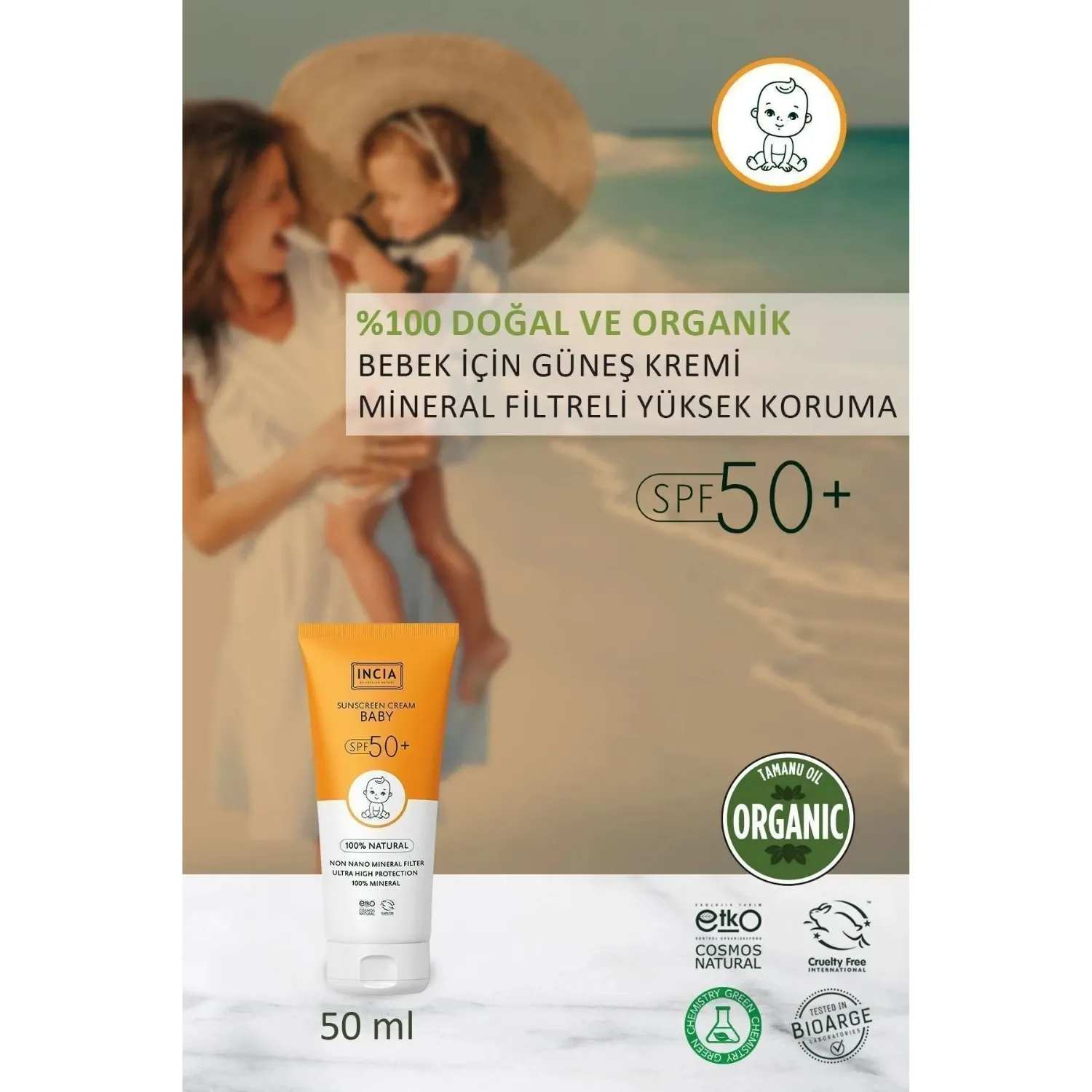 INCIA %100 Doğal Bebek için Güneş Kremi Mineral Filtreli 50 SPF 50ml