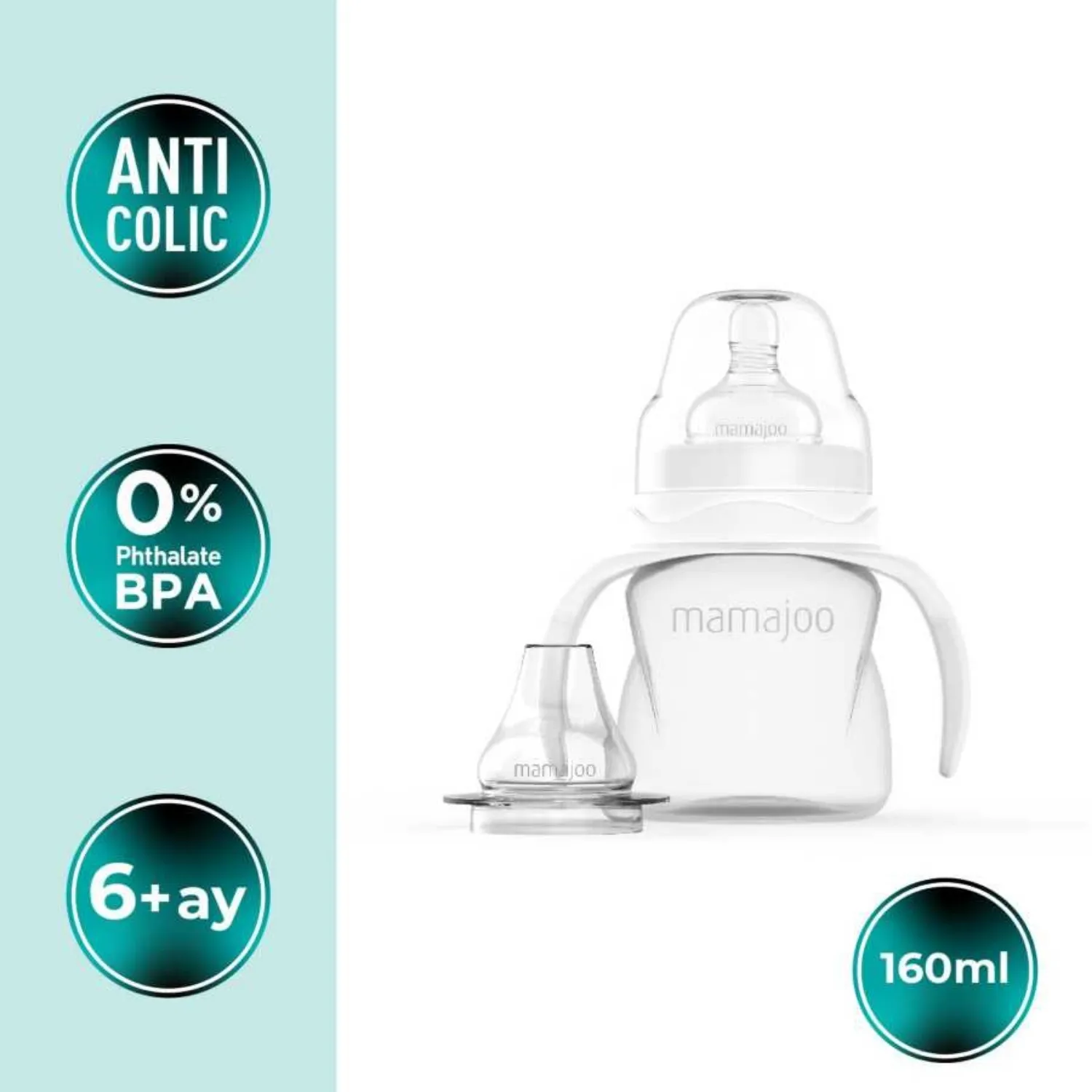 Mamajoo Kulplu Eğitici Biberon 160 ml & Anti-Kolik Silikon Bardak Ucu 6 Ay+ 