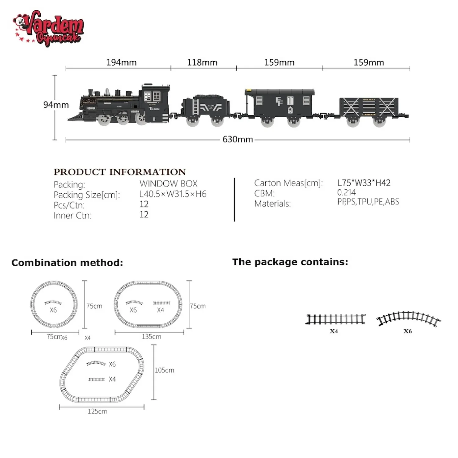 Vardem Işıklı ve Sesli Buhar Çıkartan Tren Set 15 Parça 