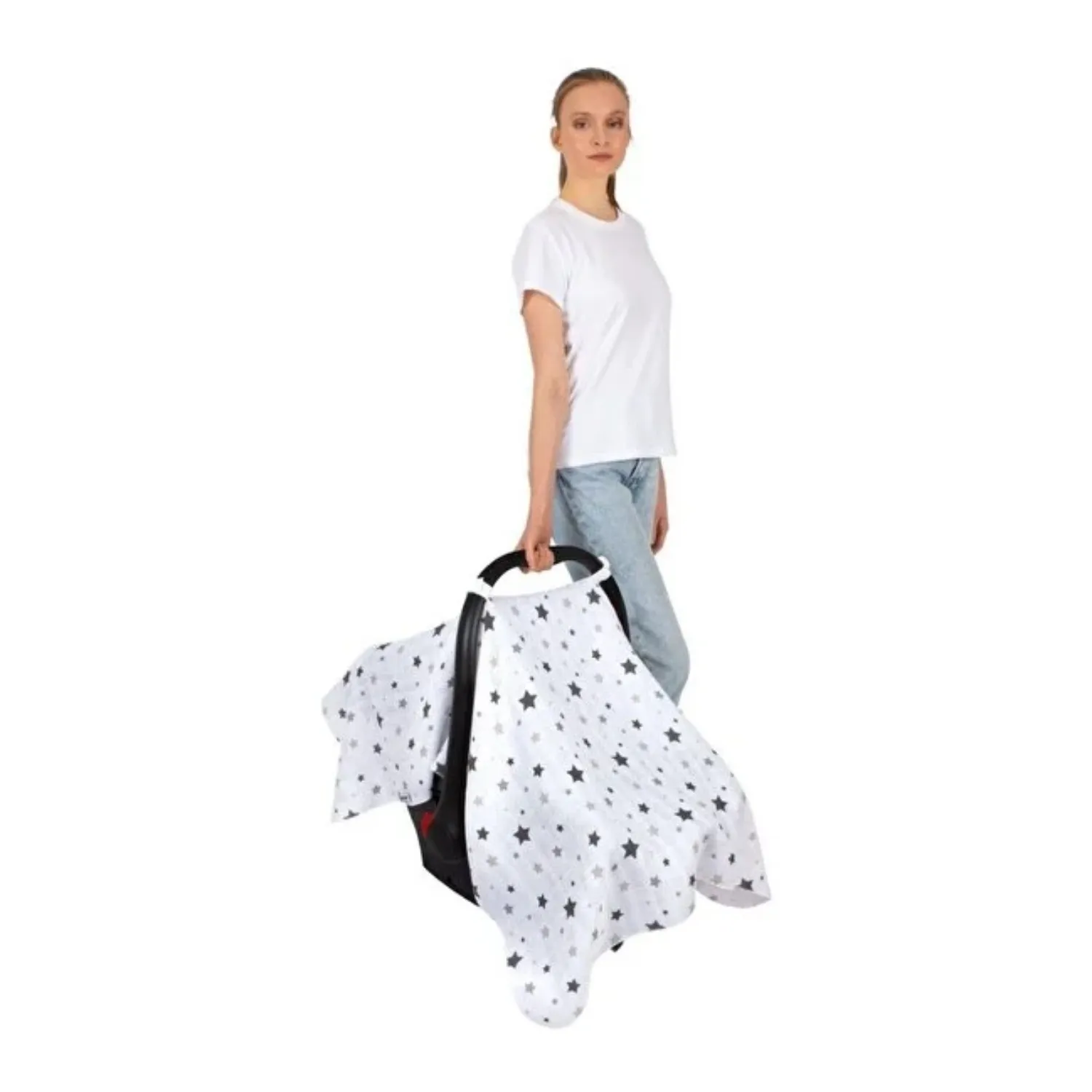 Sevi Bebe Müslin Ana Kucağı Örtüsü Yıldızlı Gri