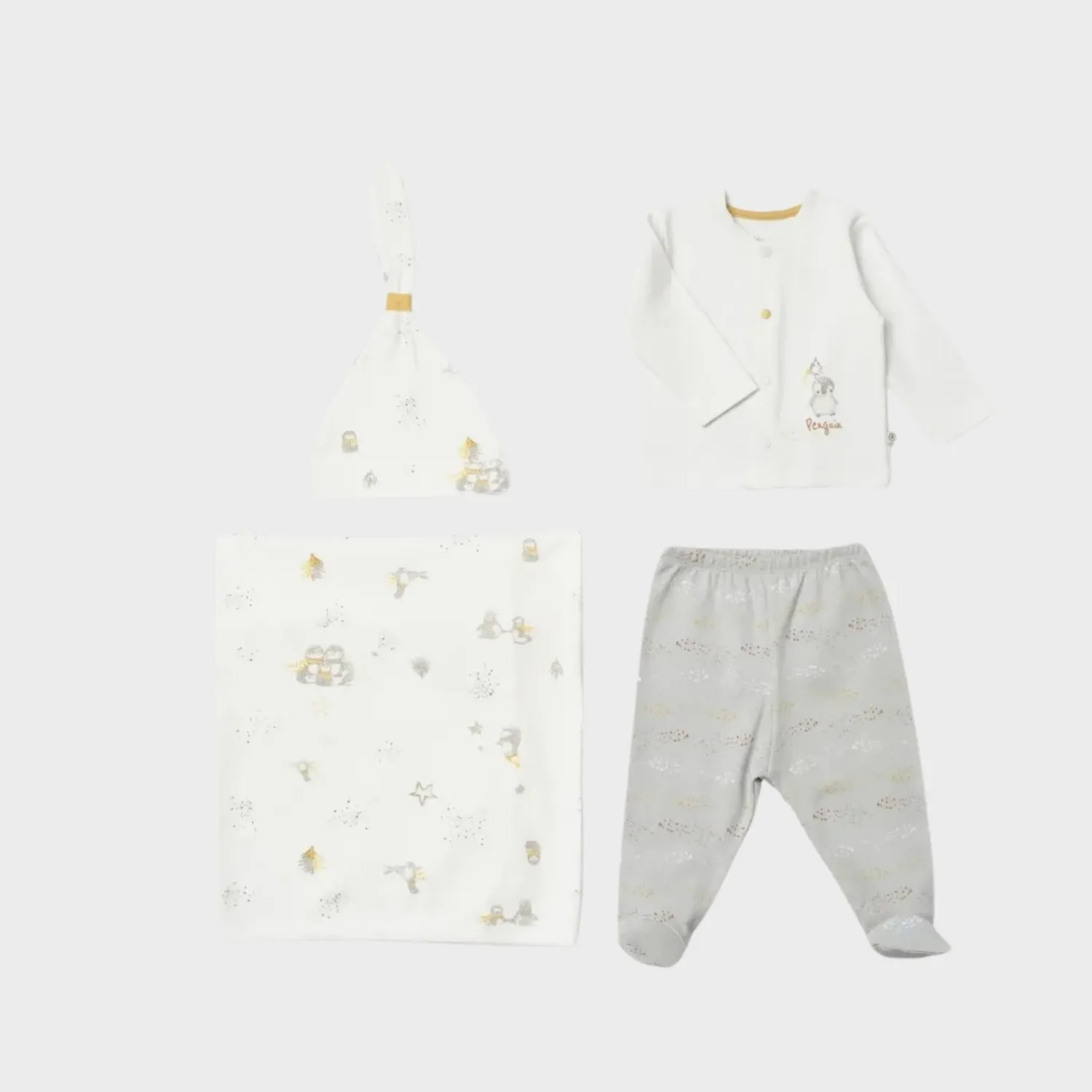 Bibaby Organik Zıbın Takımı 4lü Battaniyeli Penguin Club Ekru - Gri