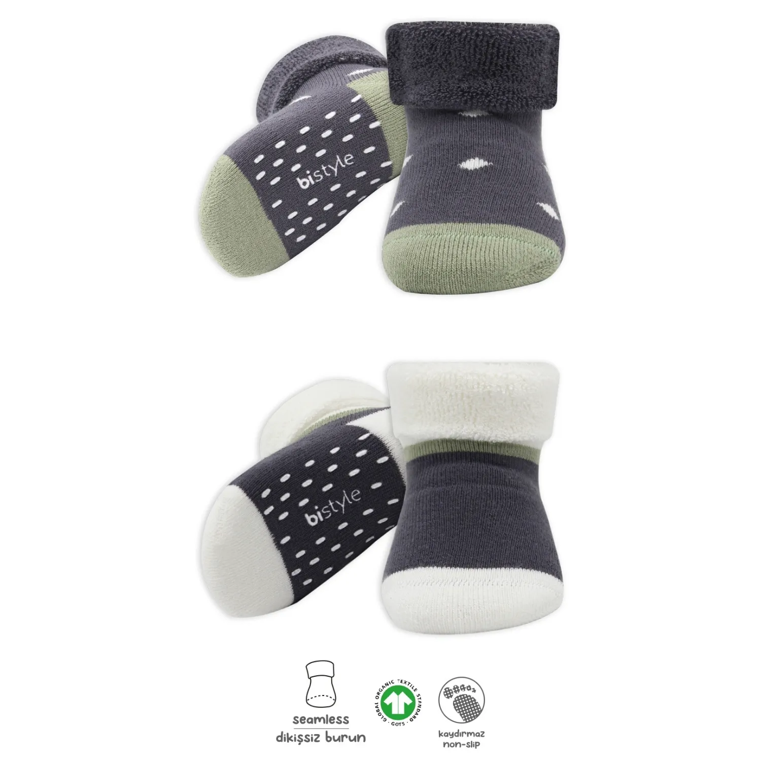 Bibaby Organik Çorap Soket Havlu 2li Kaymaz Kıvrık Bistyle Puanlu Desenli Antrasit