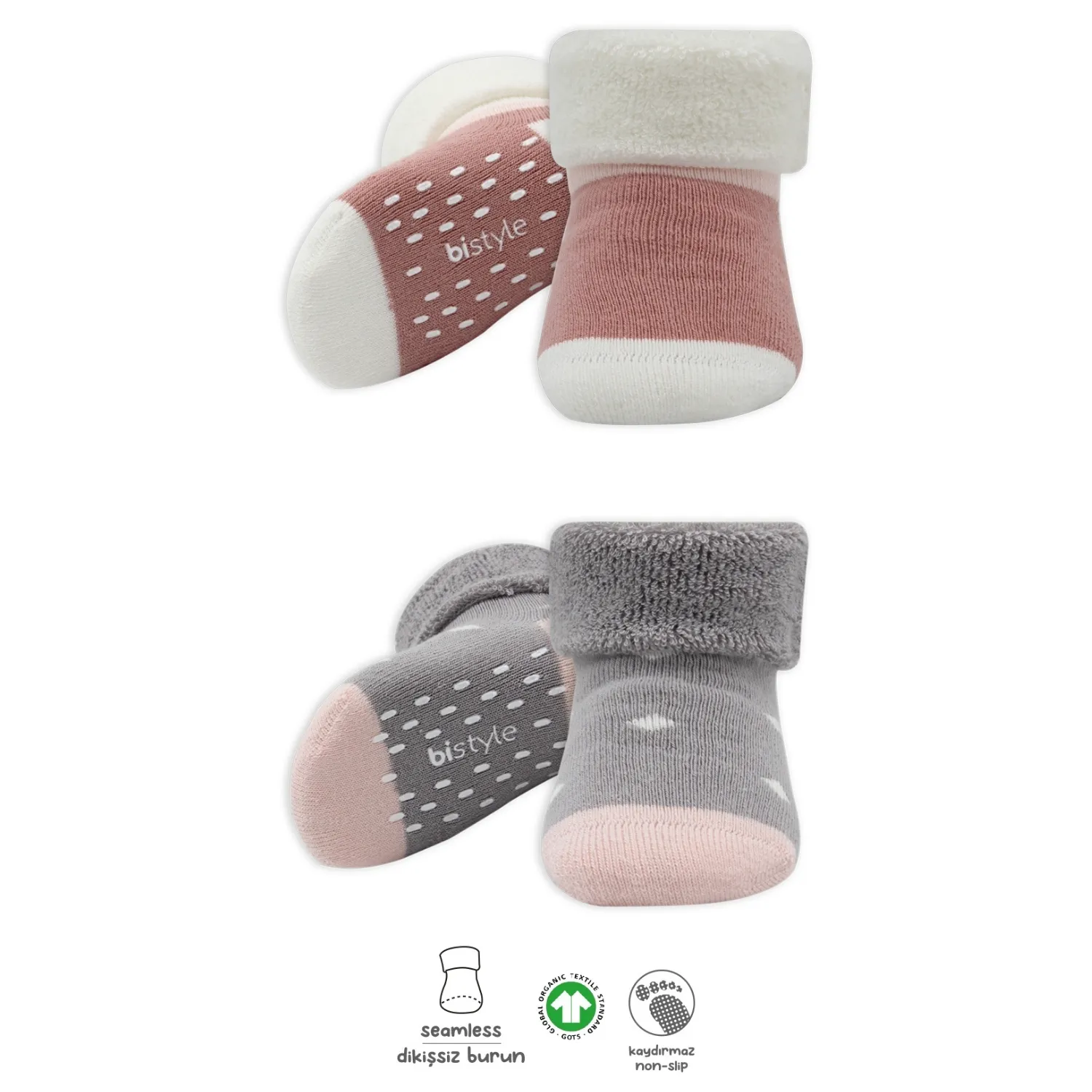 Bibaby Organik Çorap Soket Havlu 2li Kaymaz Kıvrık Bistyle Puanlu Desenli Gri - Pudra