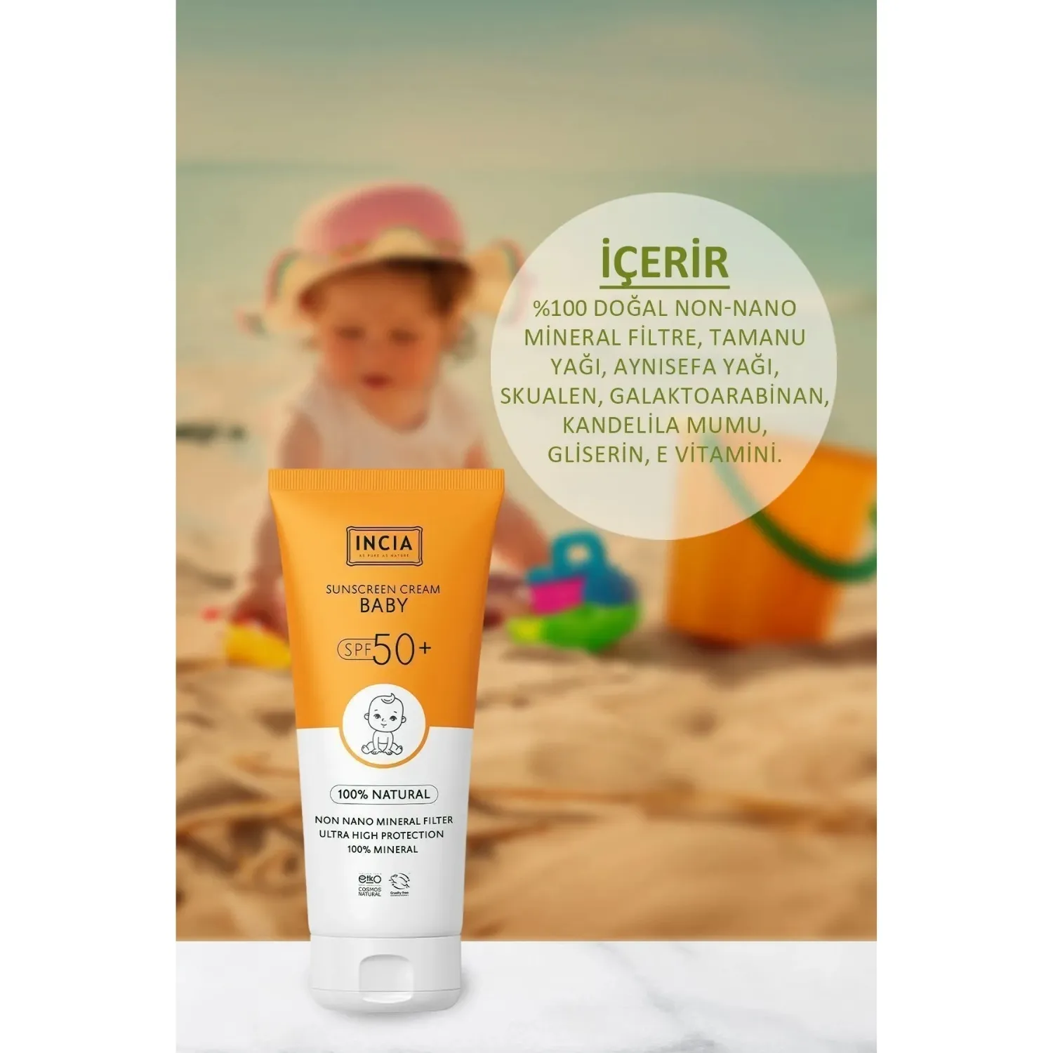 INCIA %100 Doğal Bebek için Güneş Kremi Mineral Filtreli 50 SPF 50ml