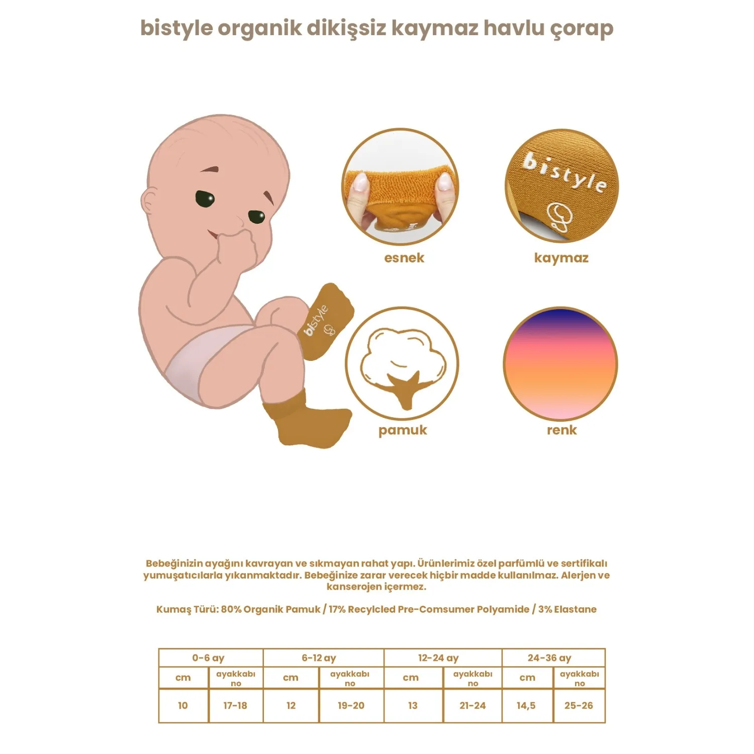 Bibaby Organik Çorap Soket Havlu 2li Kaymaz Kıvrık Bistyle Puanlu Desenli Antrasit