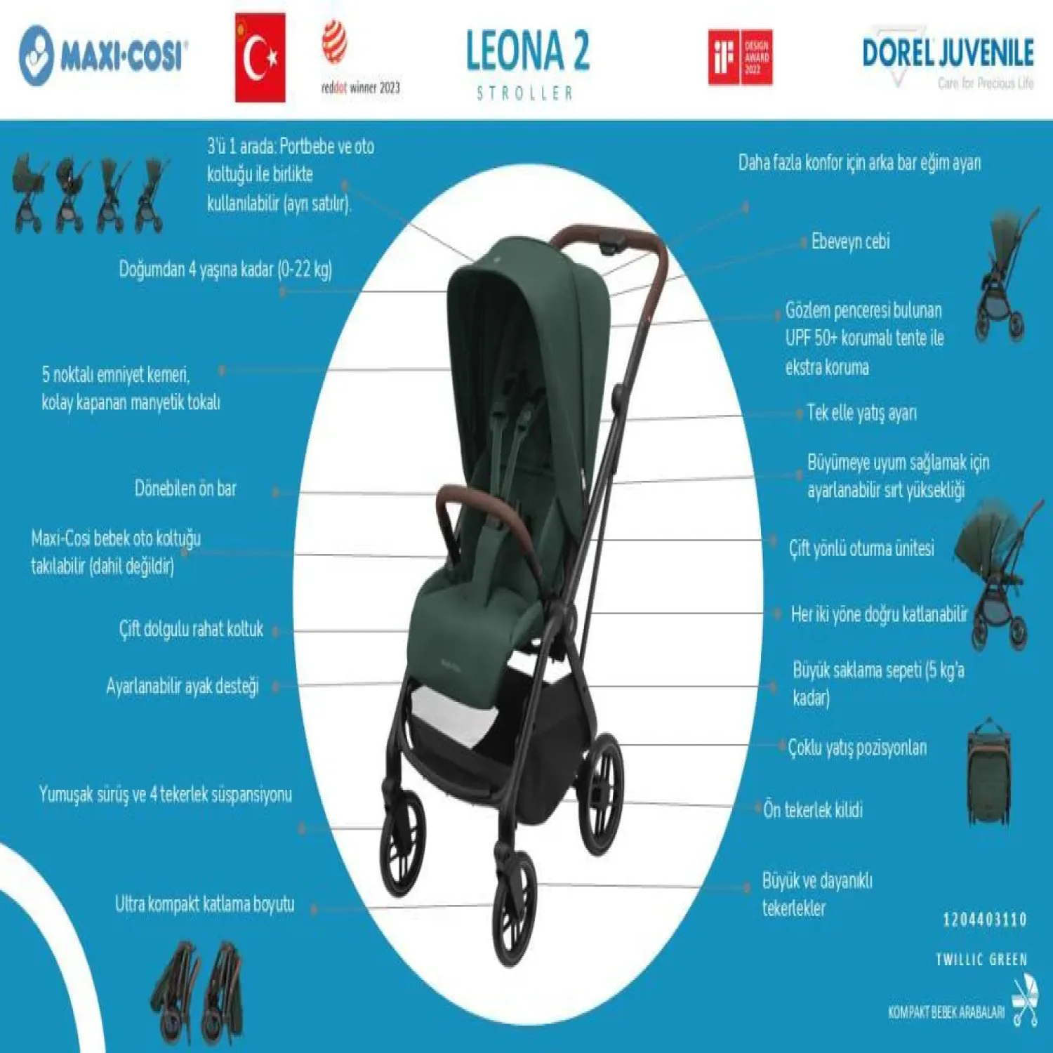 Maxi Cosi Leona2 Çift Yönlü Bebek Arabası Twillic Green