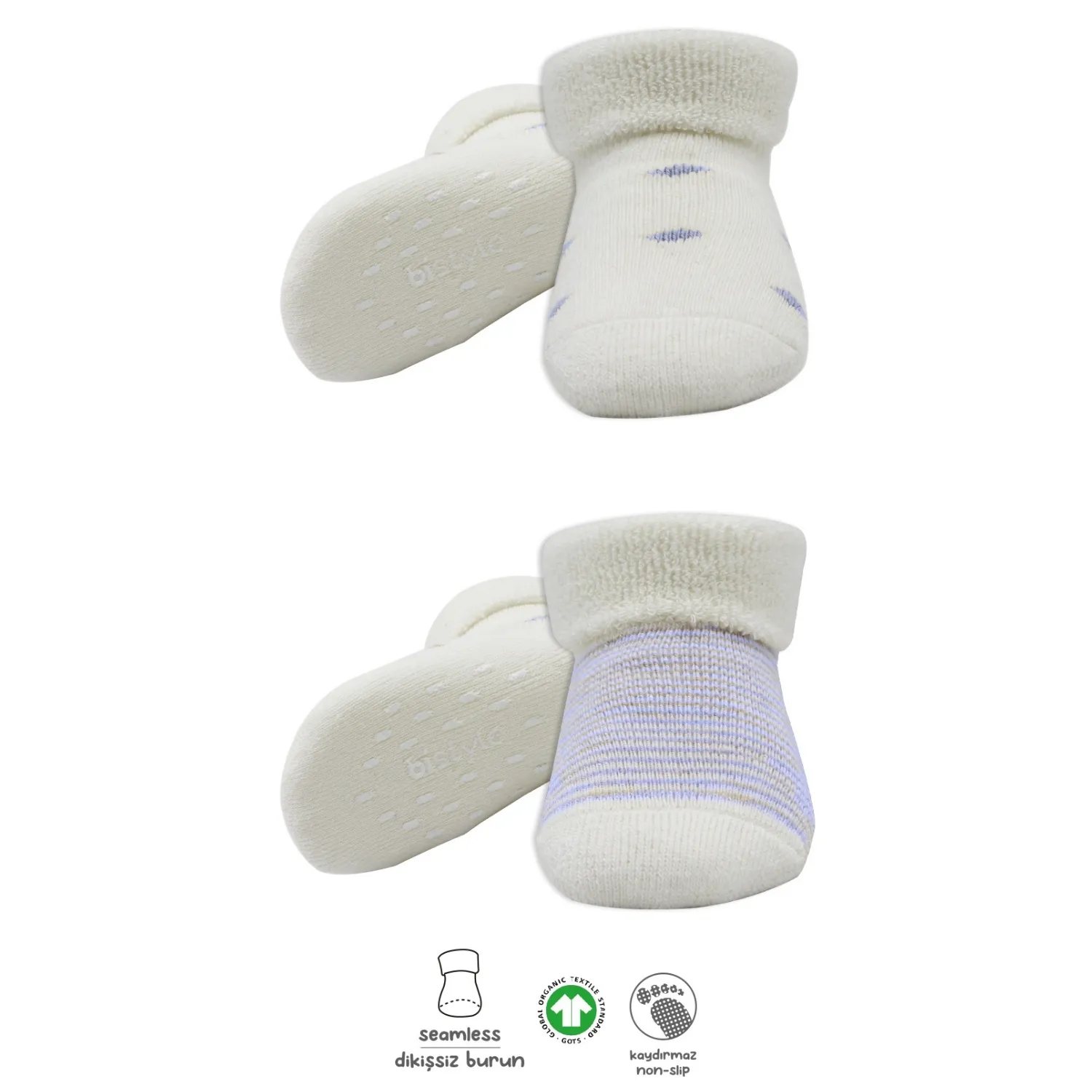 Bibaby Organik Çorap Soket Havlu 2li Kaymaz Çemberli Kıvrık Puanlı Bistyle İndigo - Ekru