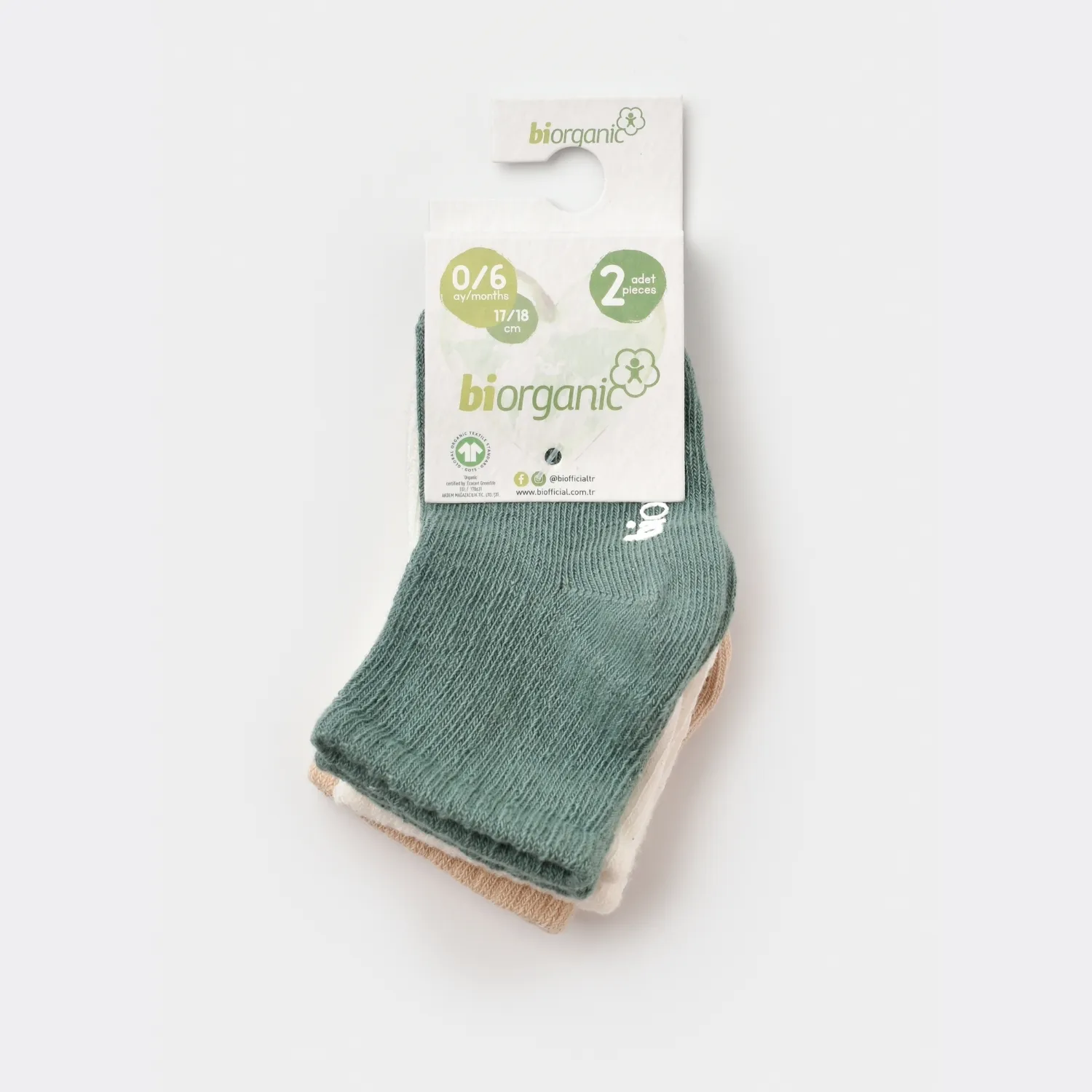 Bibaby Organik Çorap Soket 3lü Kaymaz Basic Taş - Ekru - Yeşil