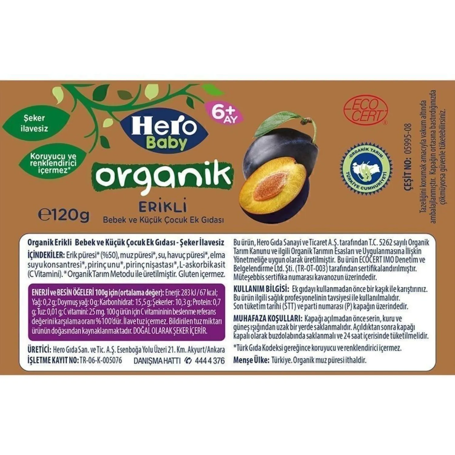 Hero Baby Organik Erikli Kavanoz Maması 120 Gr