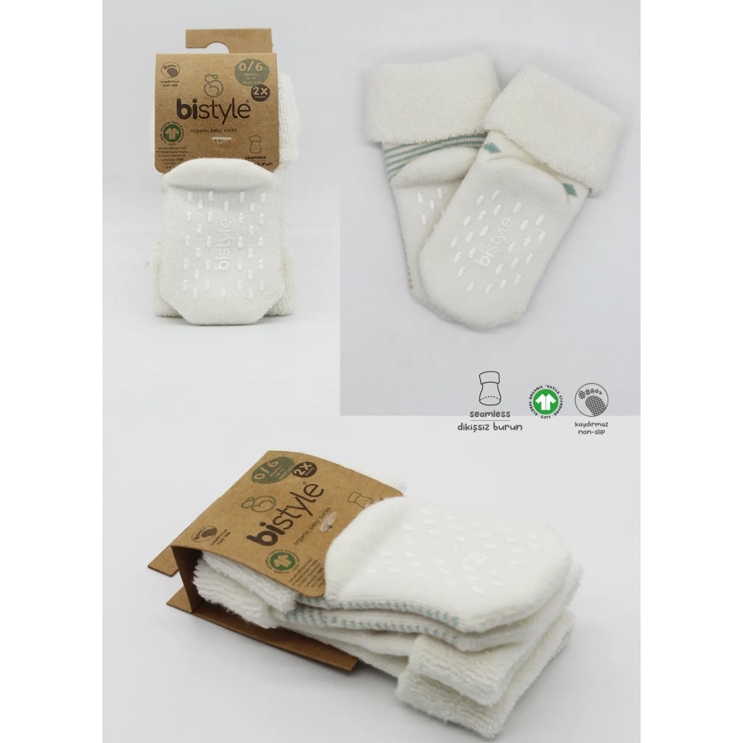 Bibaby Organik Çorap Soket Havlu 2li Kaymaz Çemberli Kıvrık Puanlı Bistyle Bej - Ekru