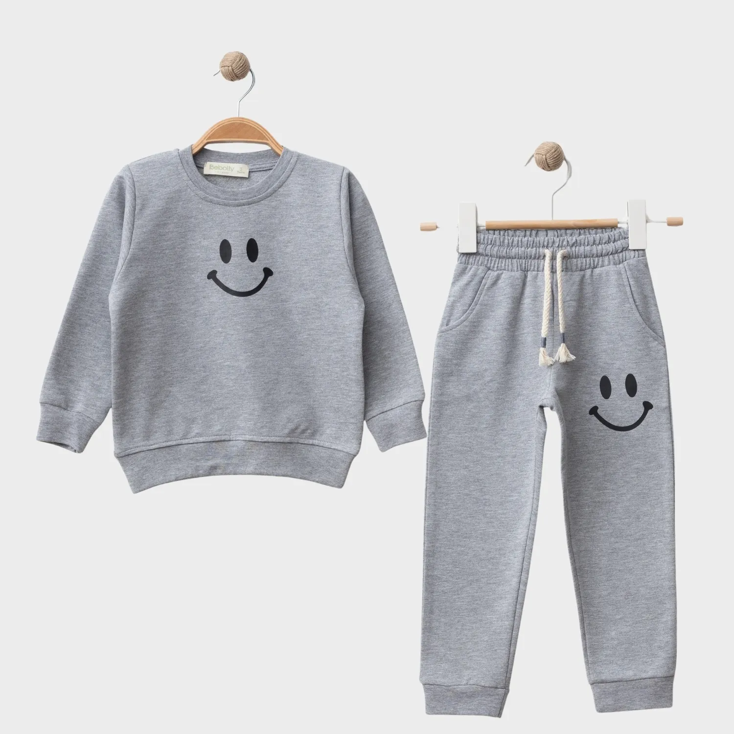 Bebolly 2li Takım Gülen Yüz Baskılı Gri
