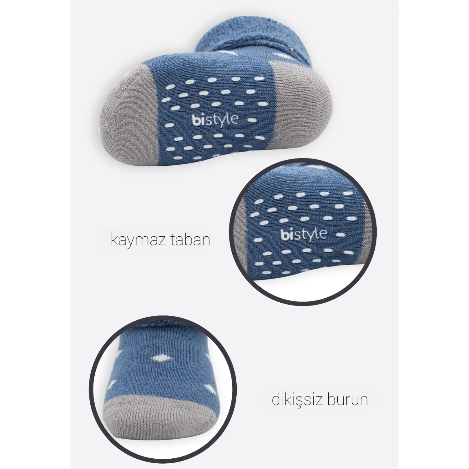Bibaby Organik Çorap Soket Havlu 2li Kaymaz Kıvrık Bistyle Puanlu Desenli İndigo - Gri