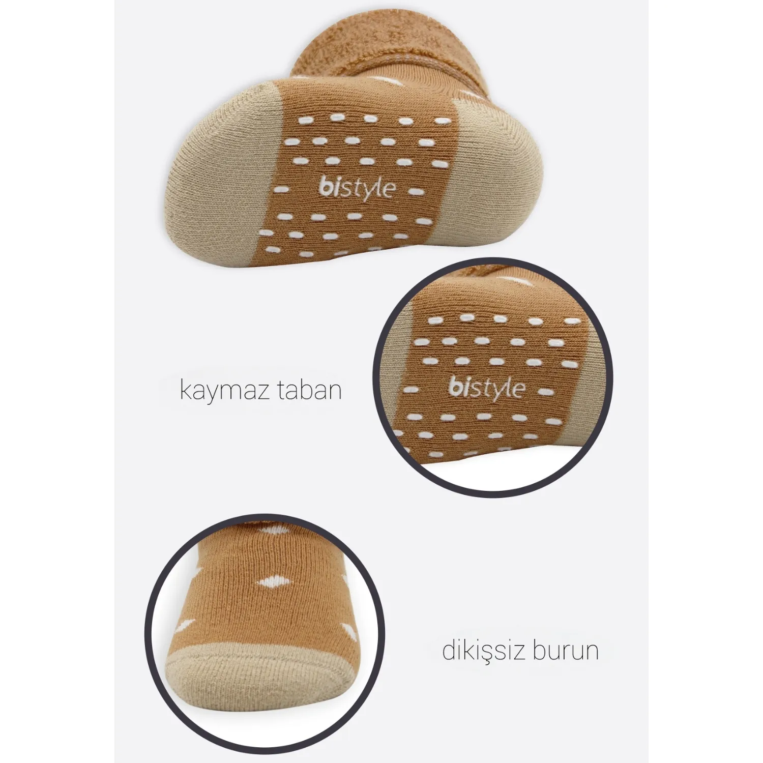Bibaby Organik Çorap Soket Havlu 2li Kaymaz Kıvrık Bistyle Puanlu Desenli Hardal