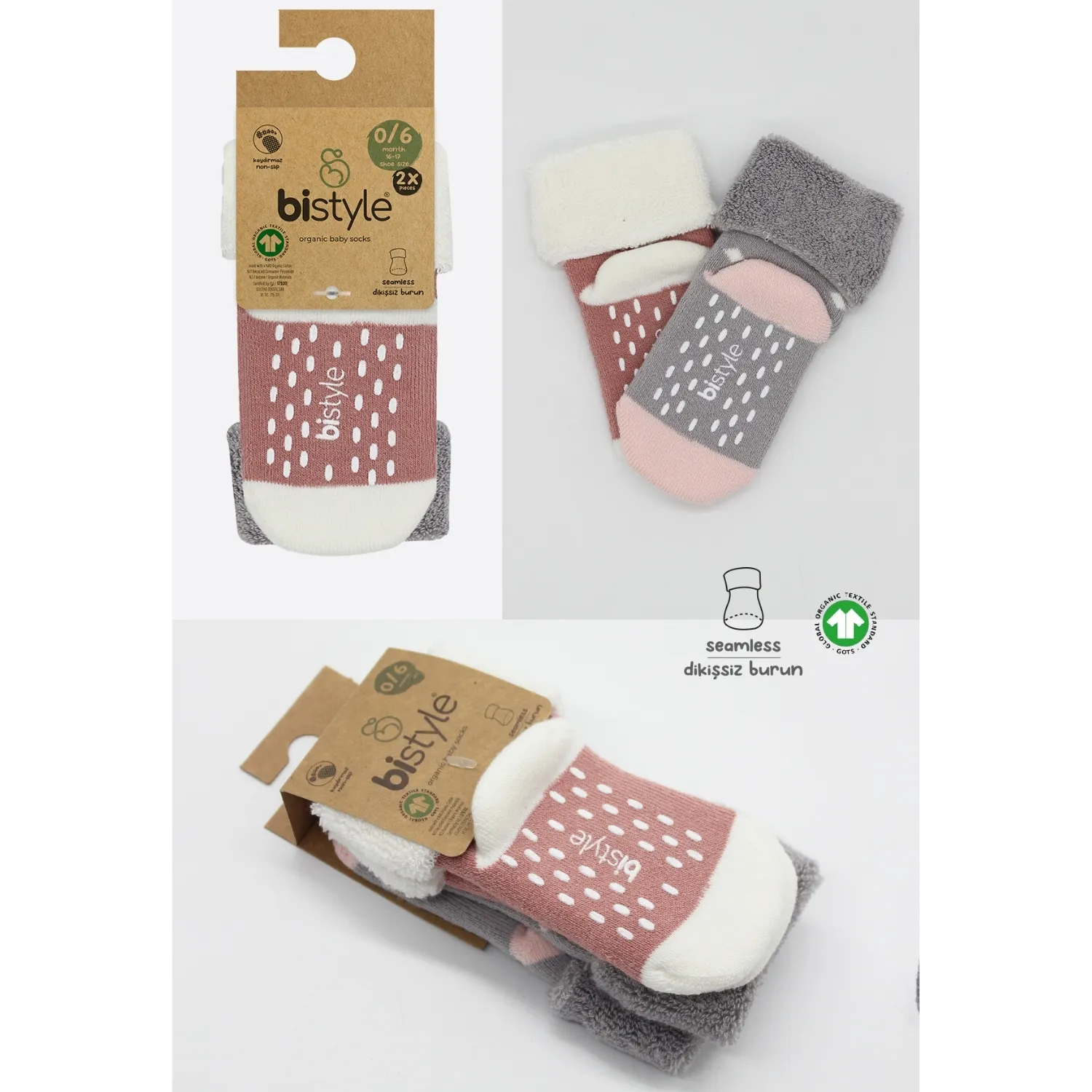 Bibaby Organik Çorap Soket Havlu 2li Kaymaz Kıvrık Bistyle Puanlu Desenli Gri - Pudra