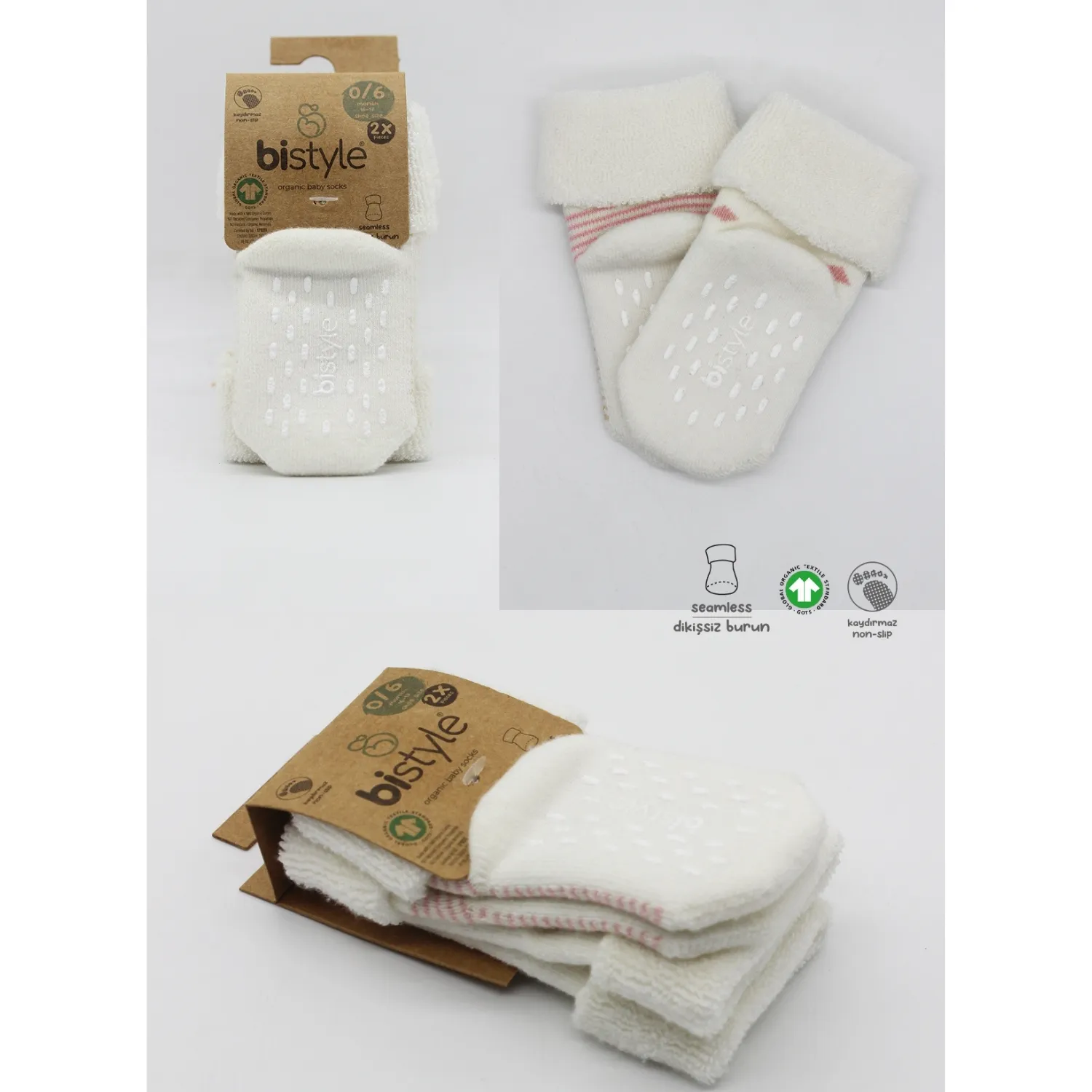 Bibaby Organik Çorap Soket Havlu 2li Kaymaz Çemberli Kıvrık Puanlı Bistyle Pudra - Ekru