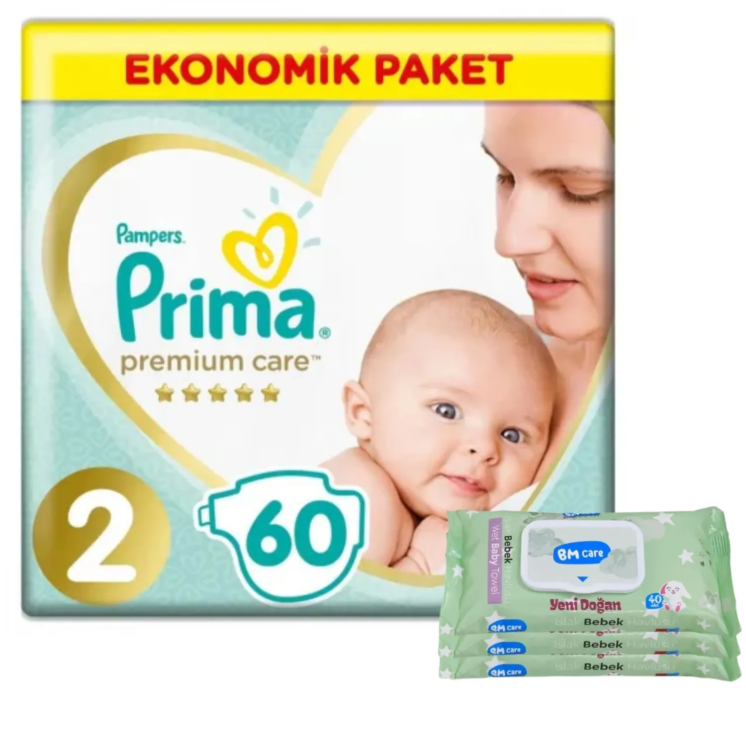 Prima Premium Care Bebek Bezi 2 Beden Mini 4-8 Kg 60Lı Ekonomik  Bm Care Yenidoğan Islak Mendilli Av