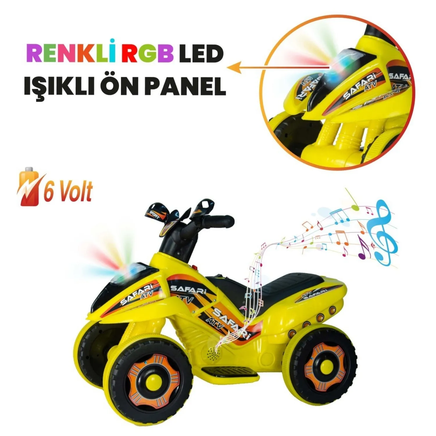 Akülü Atv Müzikli ve Led Işıklı 6V Safari Sarı