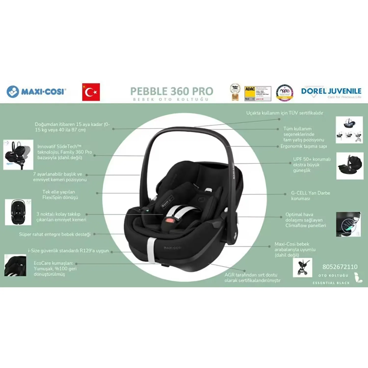 Maxi Cosi Pebble SlideTech Tam Yatabilen Oto Koltuğu 0-13 Kg Twillic Green