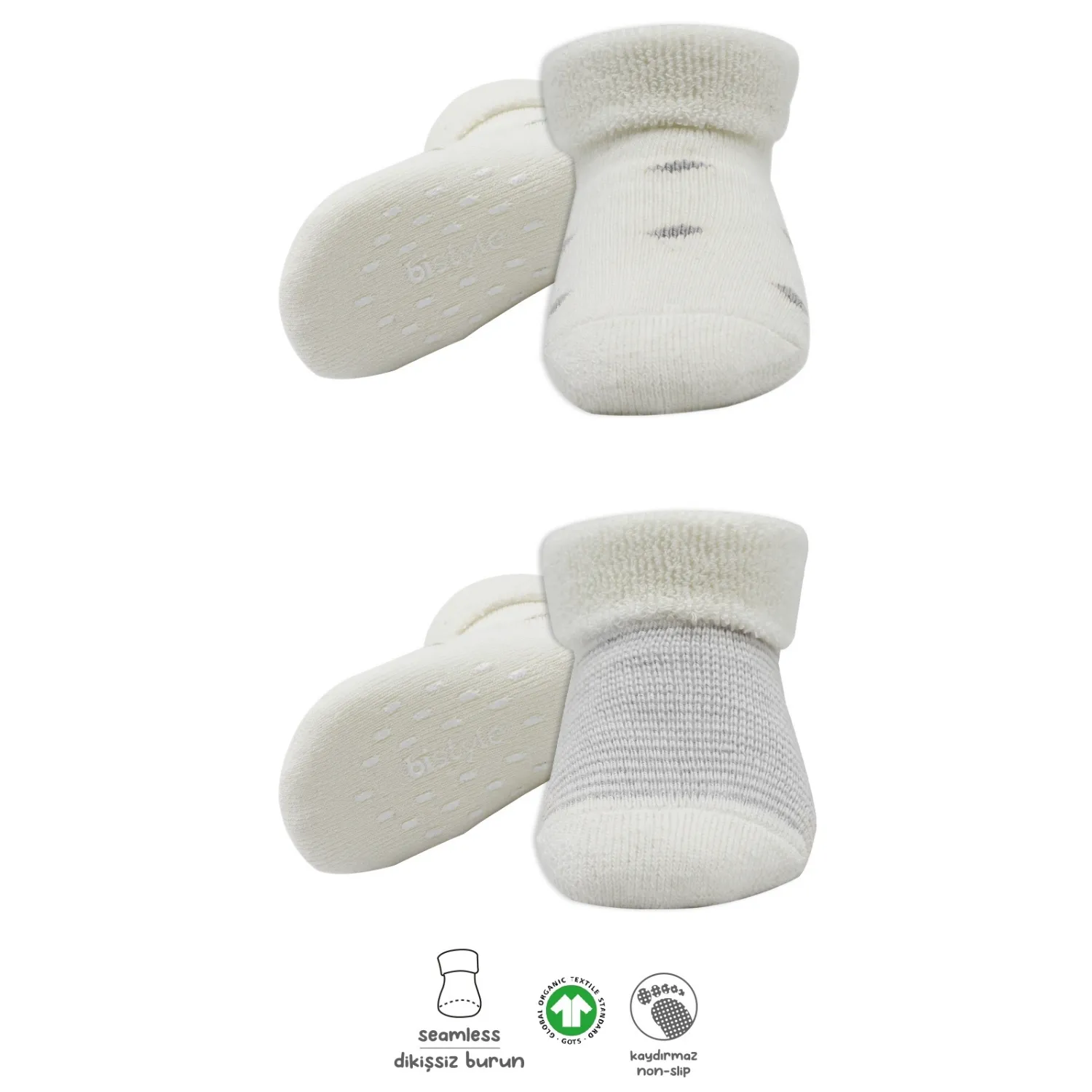 Bibaby Organik Çorap Soket Havlu 2li Kaymaz Çemberli Kıvrık Puanlı Bistyle Gri - Ekru