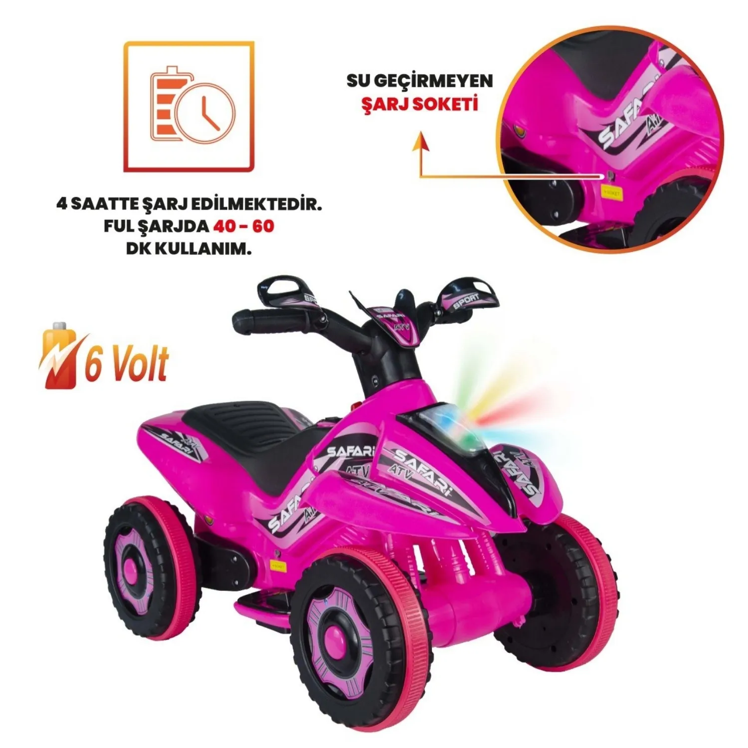 Akülü Atv Müzikli ve Led Işıklı 6V Safari Pembe