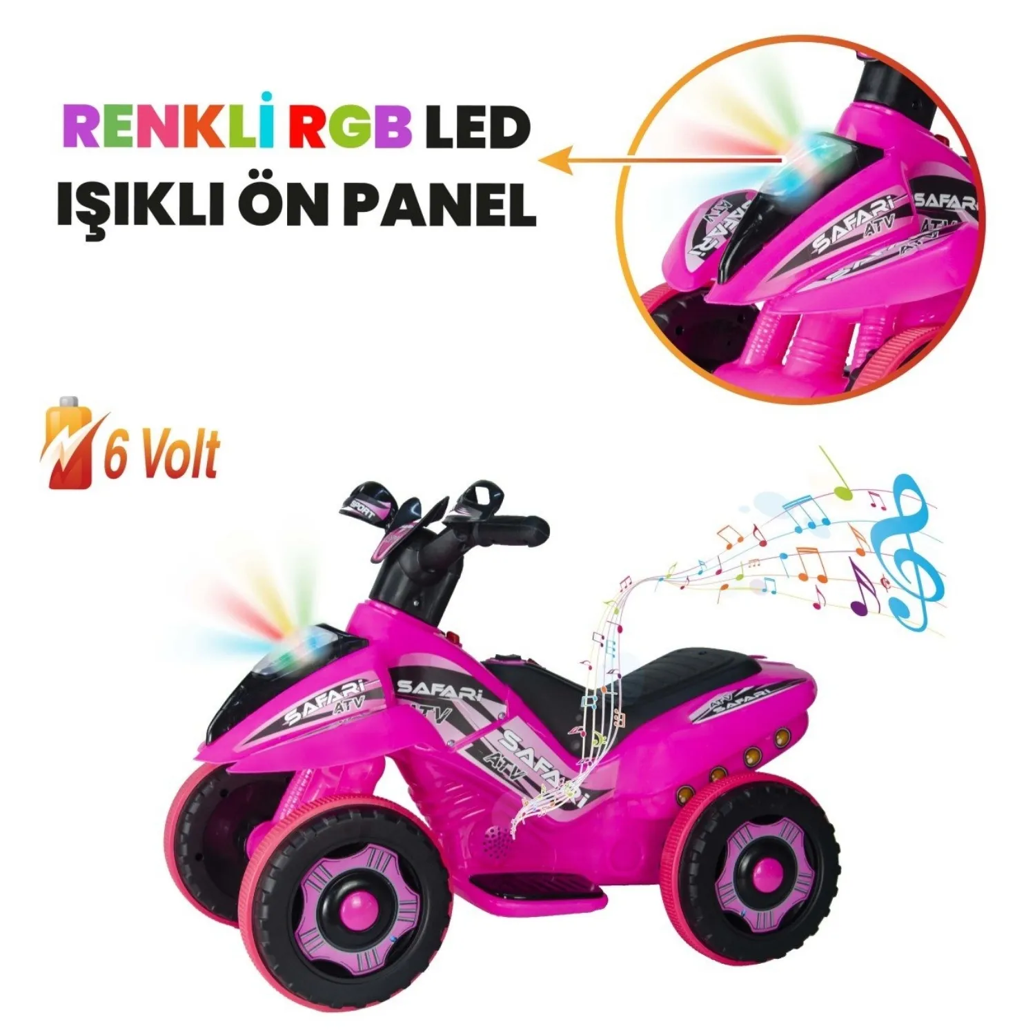 Akülü Atv Müzikli ve Led Işıklı 6V Safari Pembe