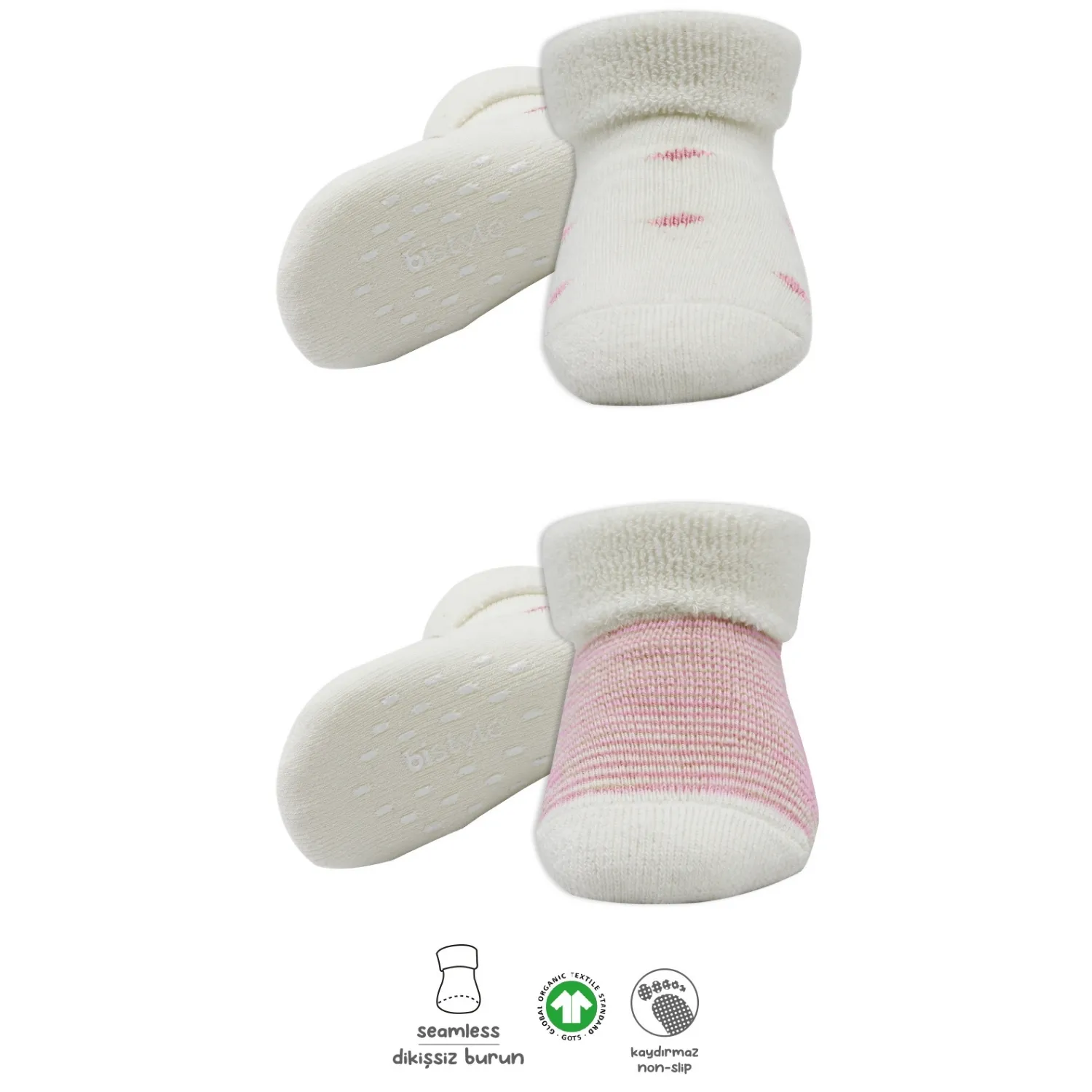 Bibaby Organik Çorap Soket Havlu 2li Kaymaz Çemberli Kıvrık Puanlı Bistyle Pudra - Ekru