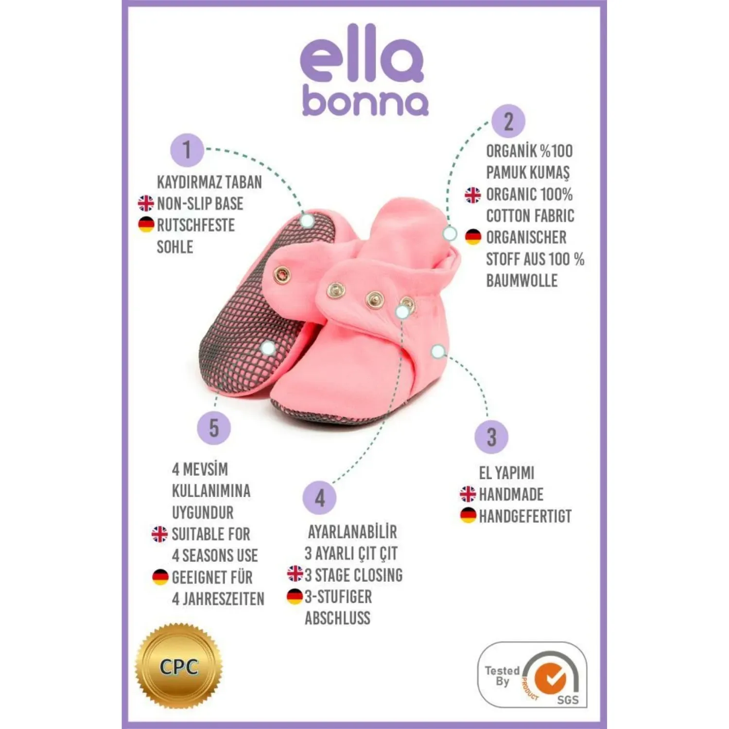 Ella Bonna Ev Botu Organik Pamuk Kaydırmaz Taban Pembe