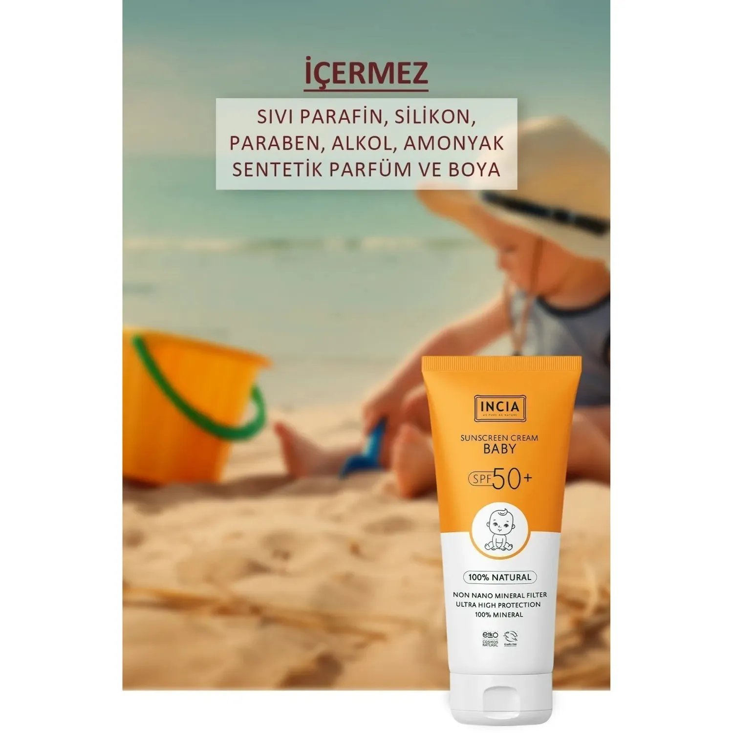INCIA %100 Doğal Bebek için Güneş Kremi Mineral Filtreli 50 SPF 50ml