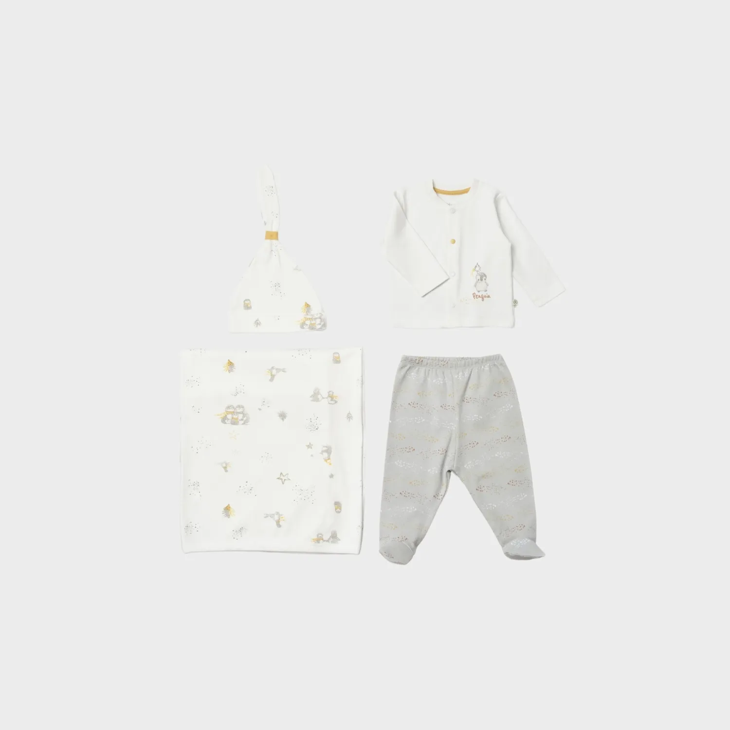 Bibaby Organik Zıbın Takımı 4lü Battaniyeli Penguin Club Ekru - Gri