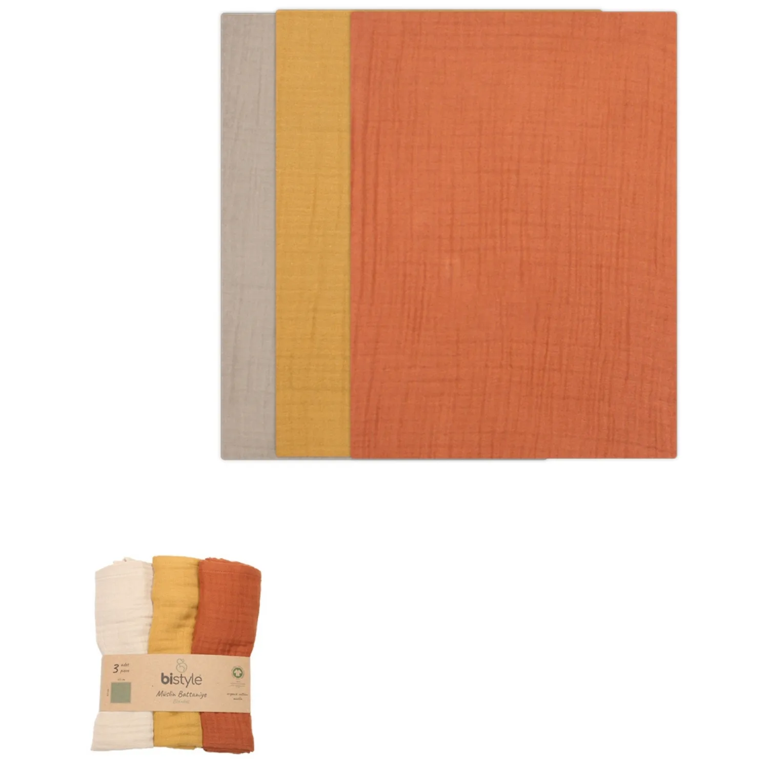 Bistyle Organik Müslin Battaniye 3lü 60x60cm Kiremit - Bej - Hardal