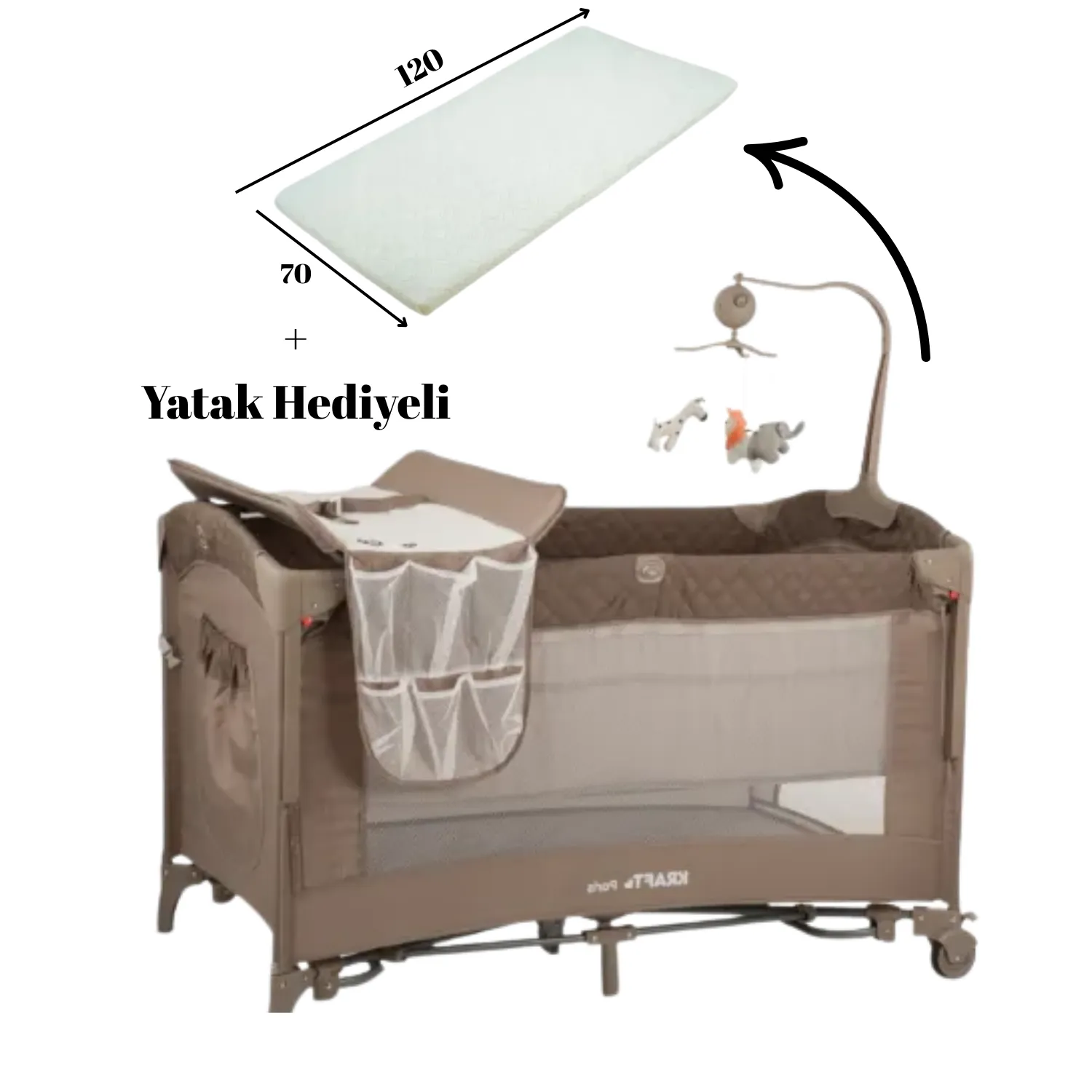 Kraft Paris Yatak Hediyeli Anne Yanı Oyun Parkı 70x120 cm Beige-Dark Grey