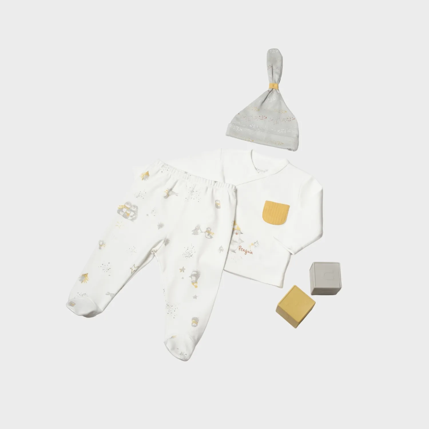 Bibaby Organik Zıbın Takımı 3lü Penguin Club Ekru - Gri