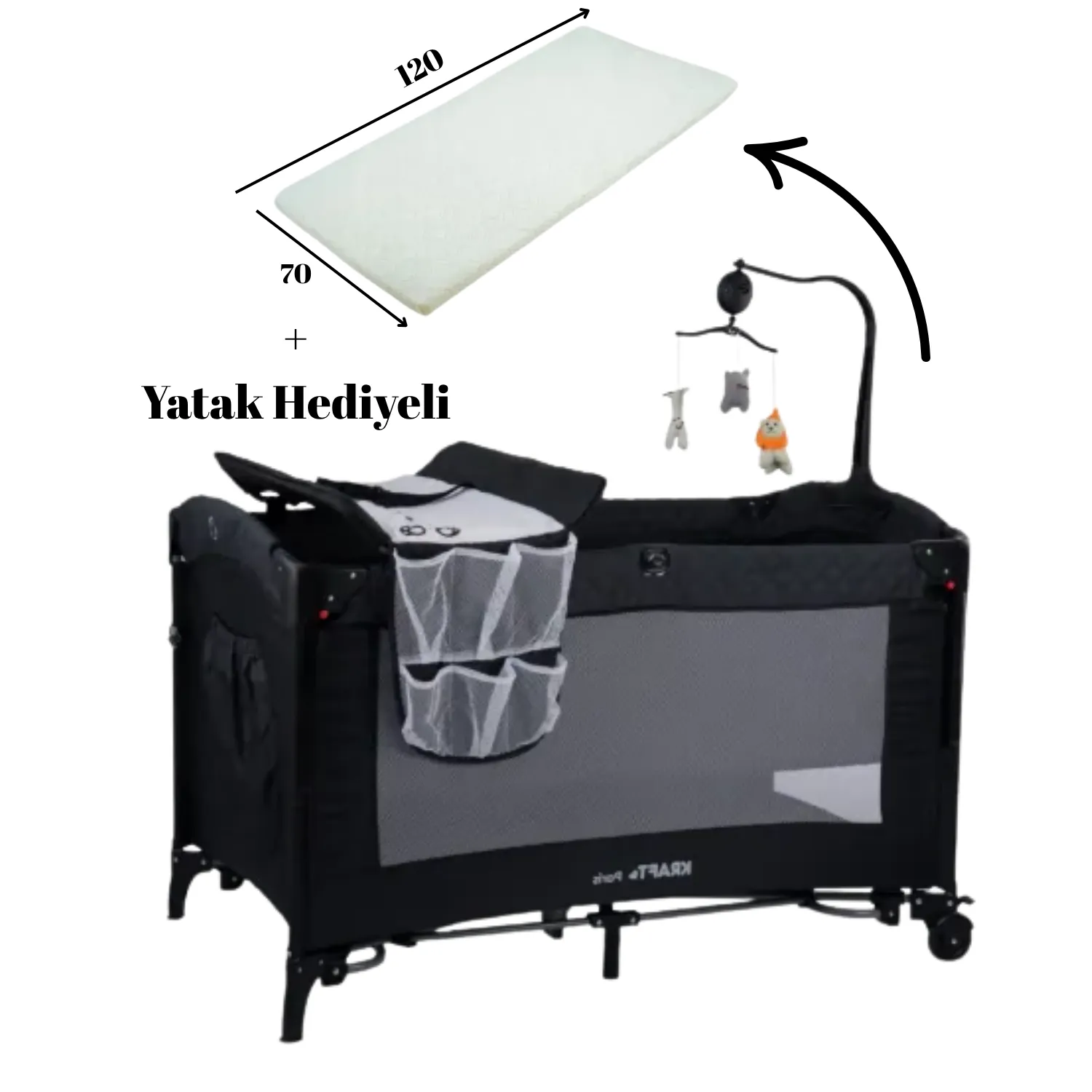 Kraft Paris Yatak Hediyeli Anne Yanı Oyun Parkı 70x120 cm Black